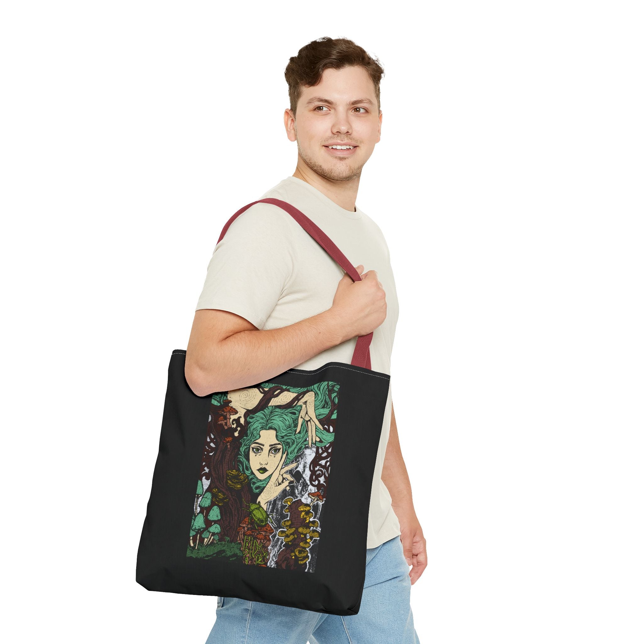 13" x 13 in Beige-handle tote bag featuring Aquela que Germina na Morte dark-fantasy woman and woodland artwork by Anna Aguiar.
