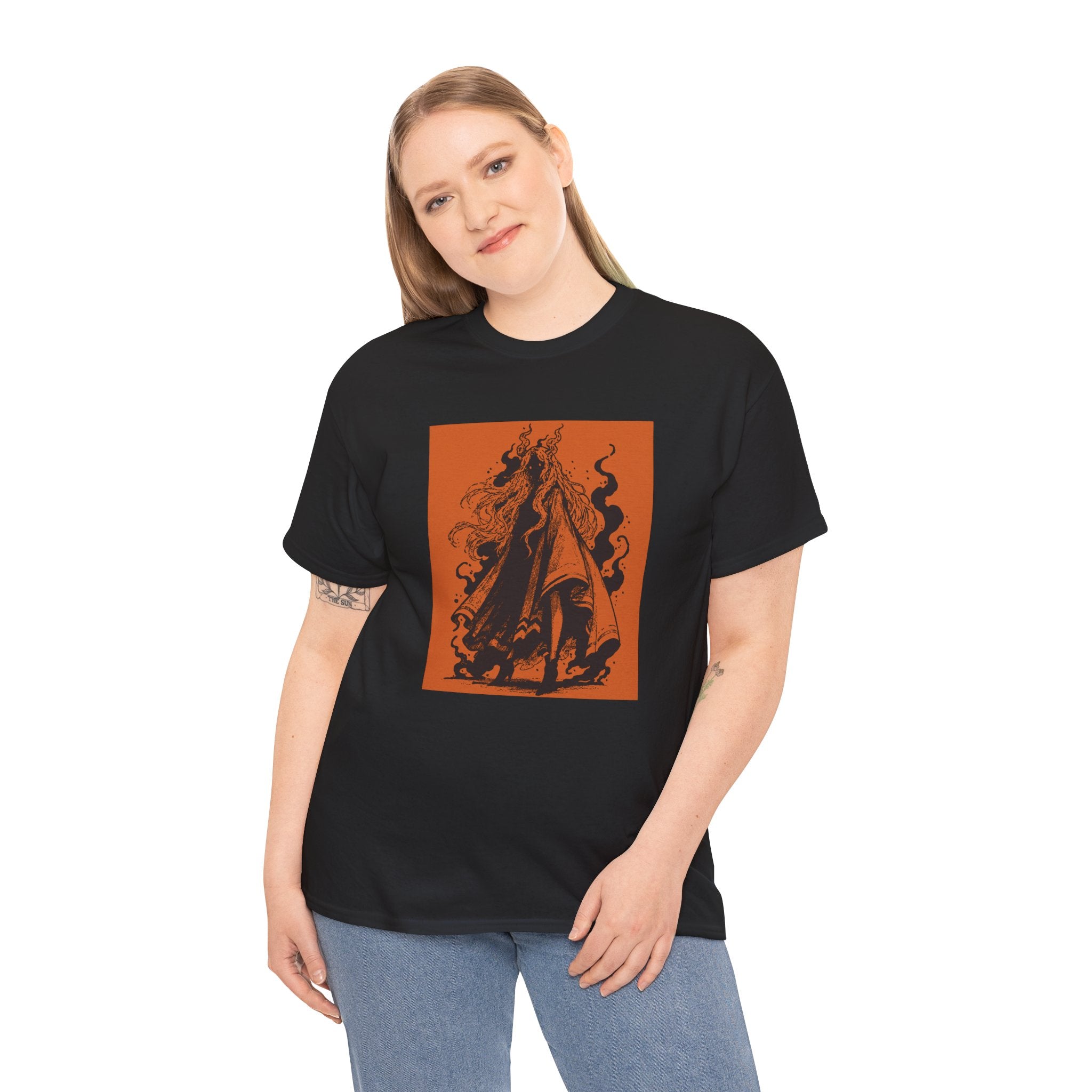 Charcoal T-shirt featuring The Void black-and-orange surreal angel artwork by Anna Aguiar.