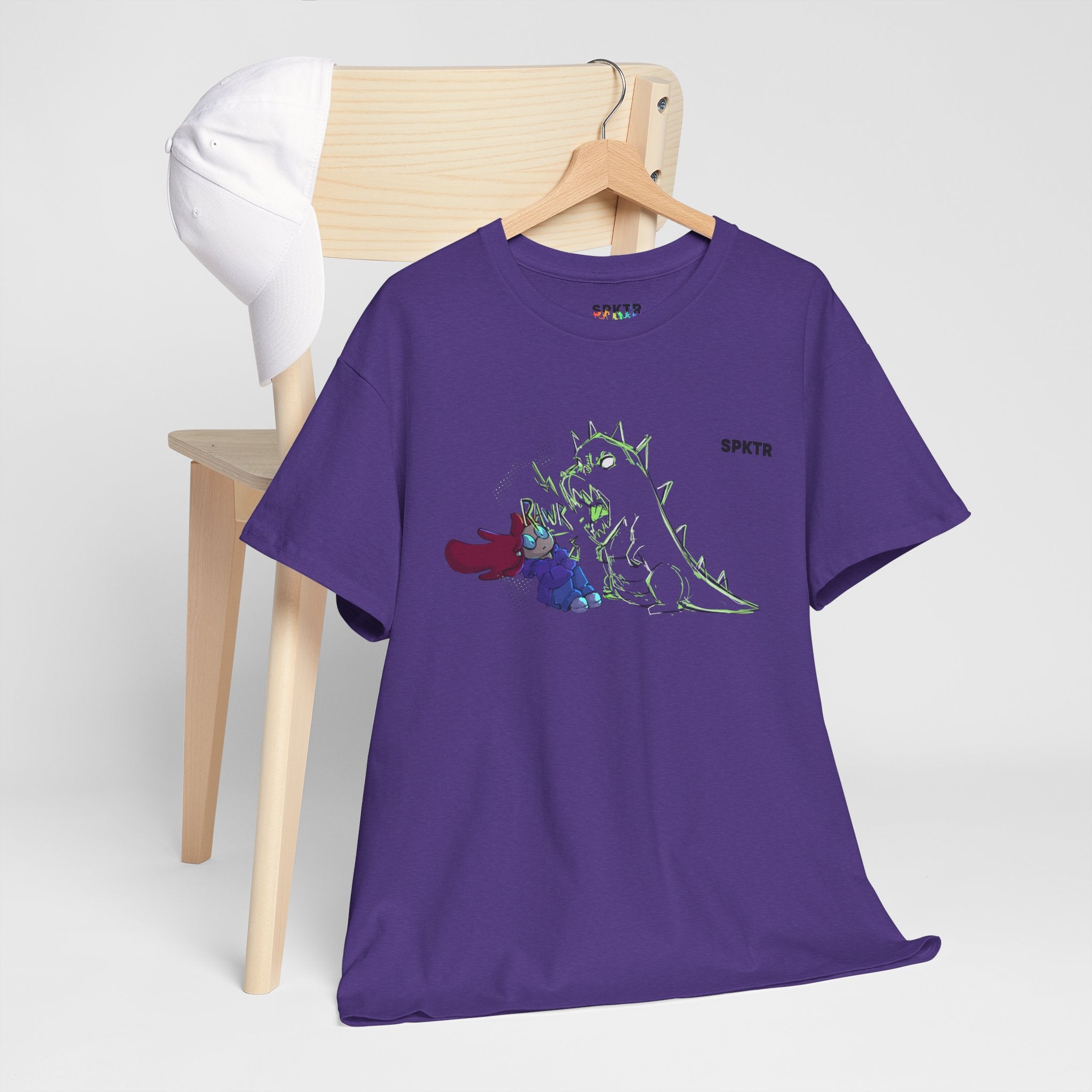 White T-shirt featuring RAWR! girl and roaring T-Rex artwork by Leticia Ribeiro.