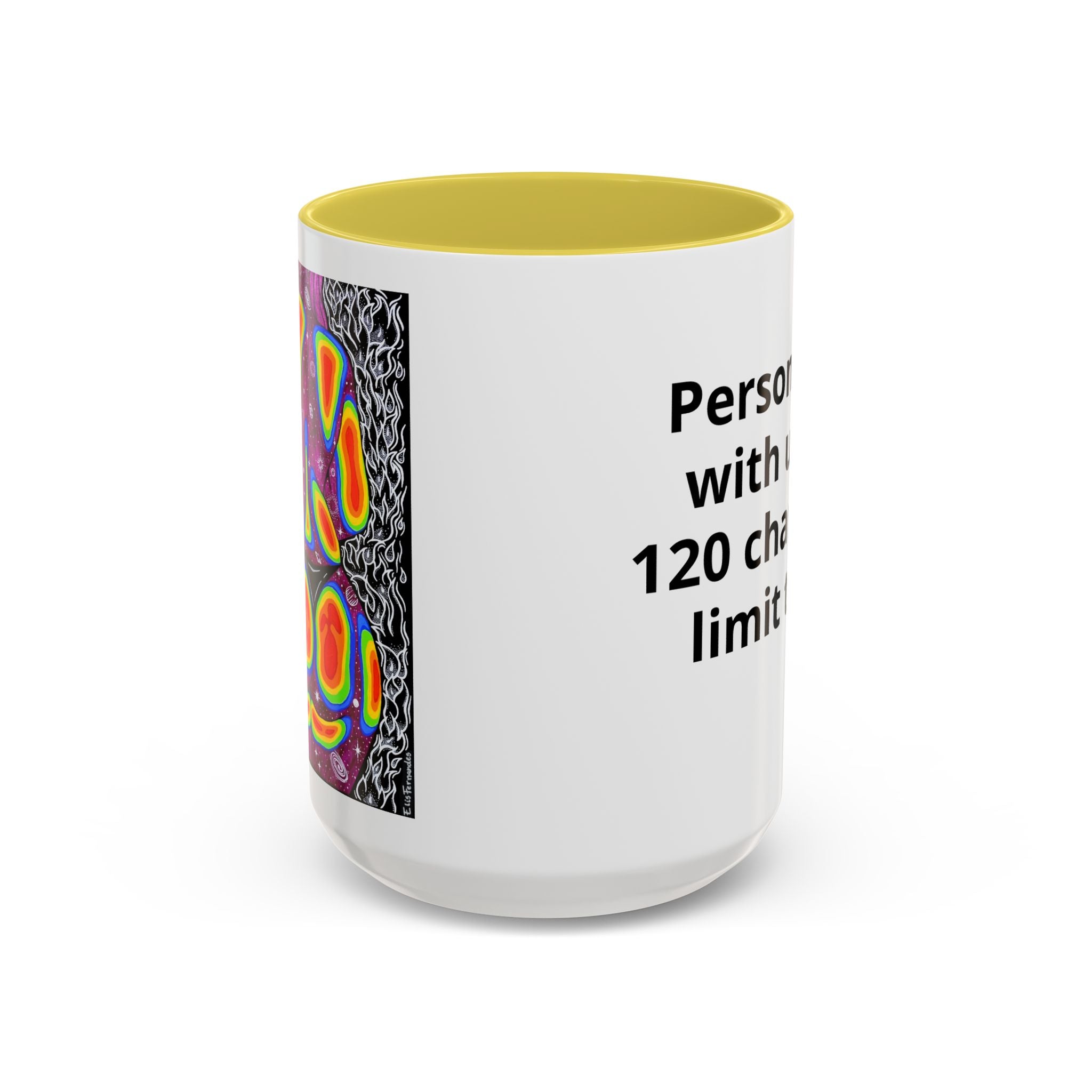 Personalized accent coffee mug featuring Mulher, Um Universo cosmic portrait artwork by Elis Fernandes.