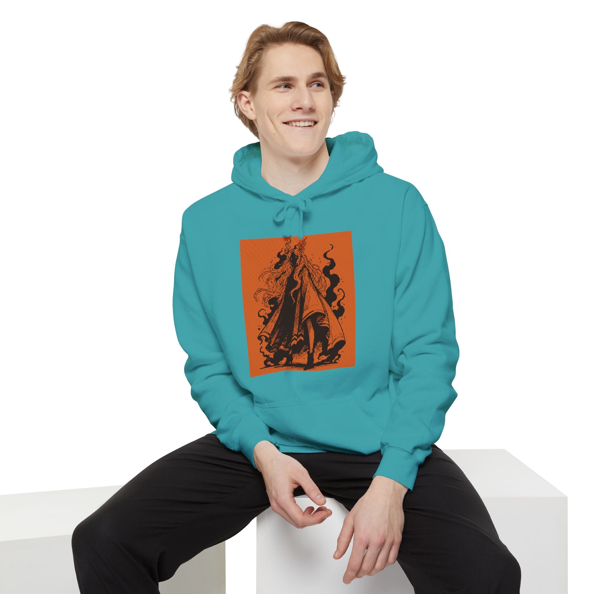 Grey hoodie featuring The Void black-and-orange surreal angel artwork by Anna Aguiar.