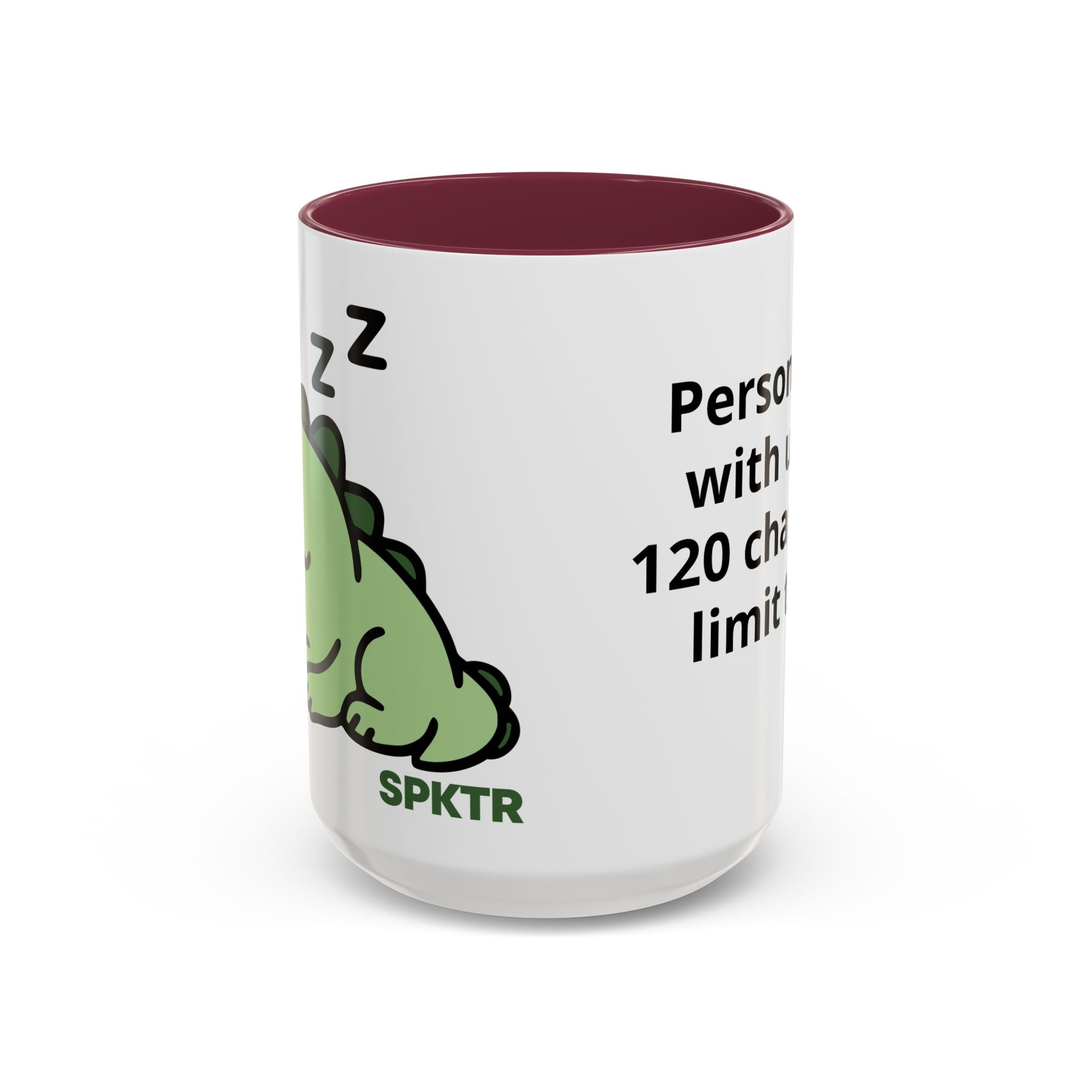 15 oz Maroon-accent personalized accent coffee mug featuring Sleepy Teeny-Rex cute sleeping dinosaur illustration.