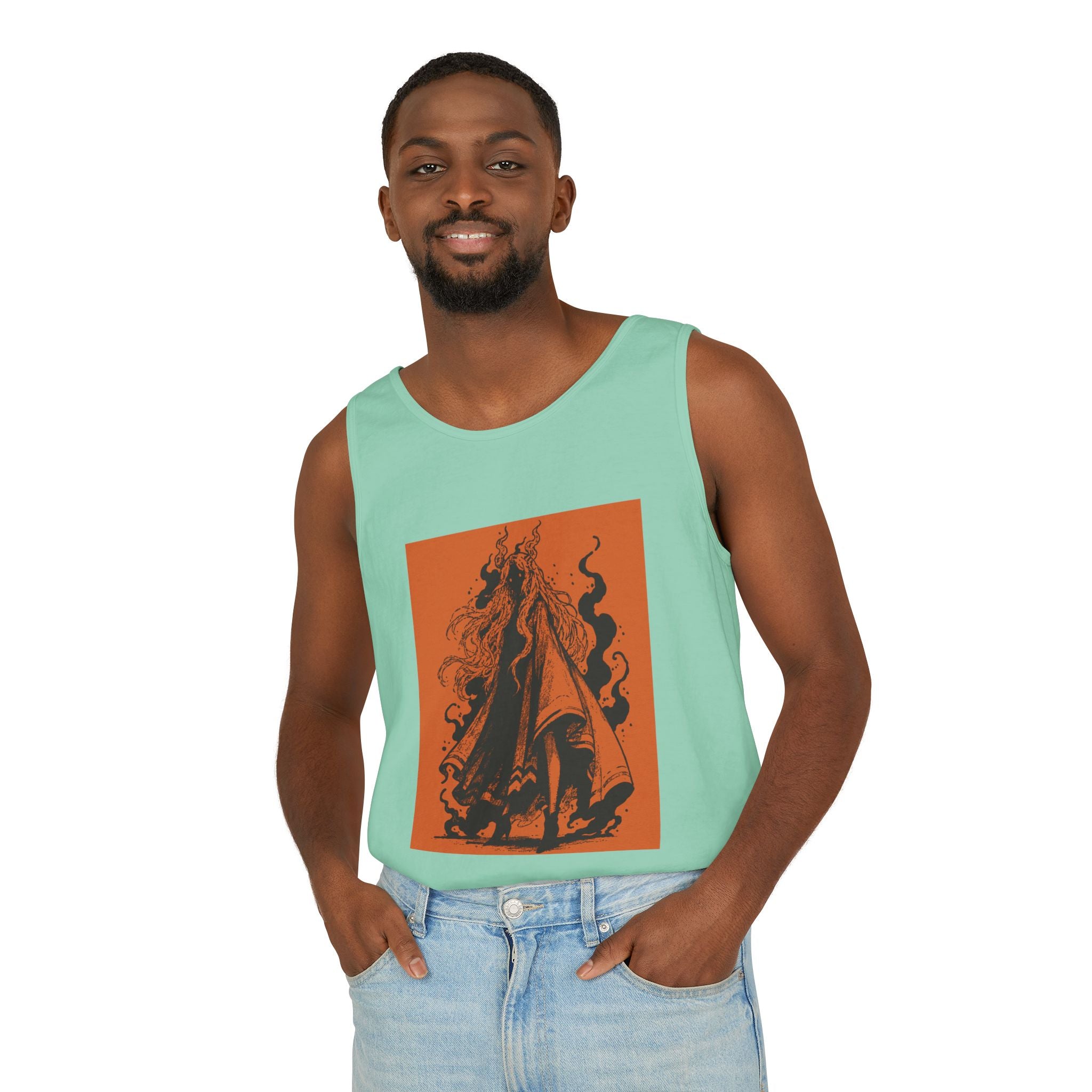 Light Green graphic tank top featuring The Void black-and-orange surreal angel artwork by Anna Aguiar.