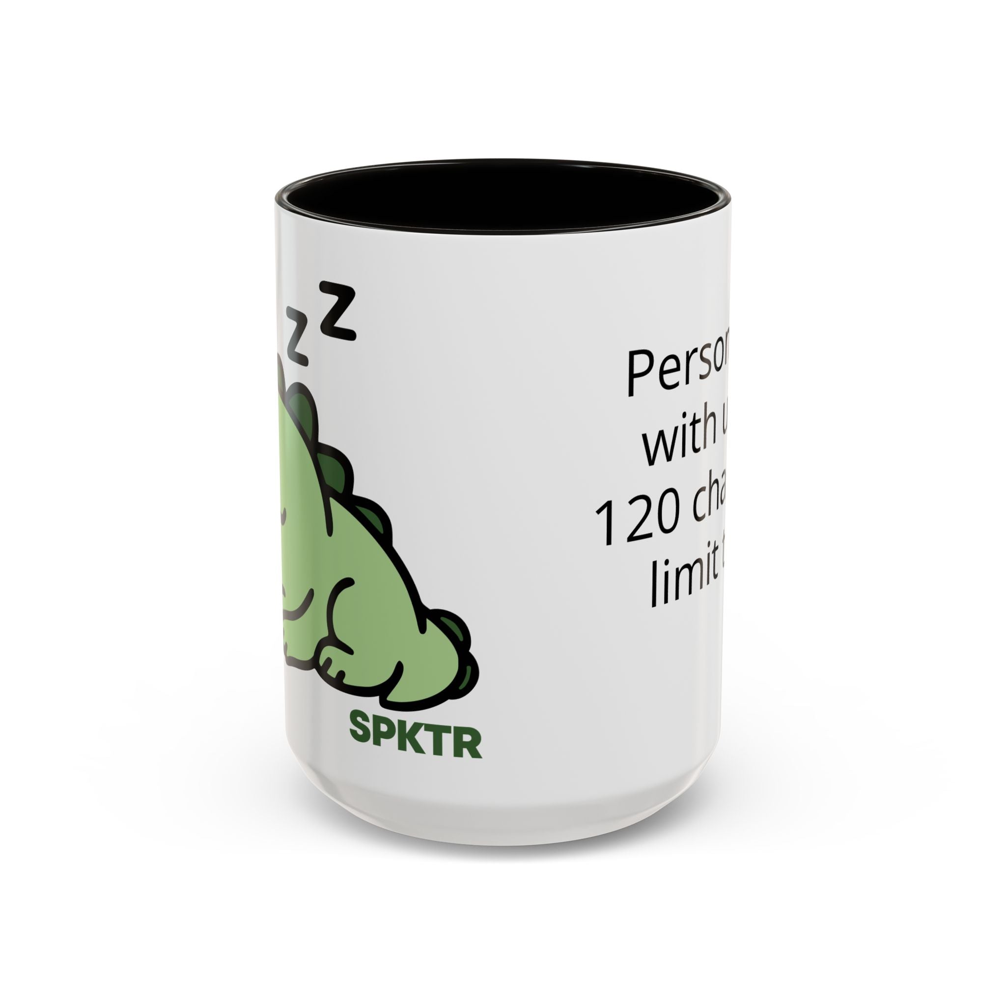 15 oz Black-accent personalized accent coffee mug featuring Sleepy Teeny-Rex cute sleeping dinosaur illustration.