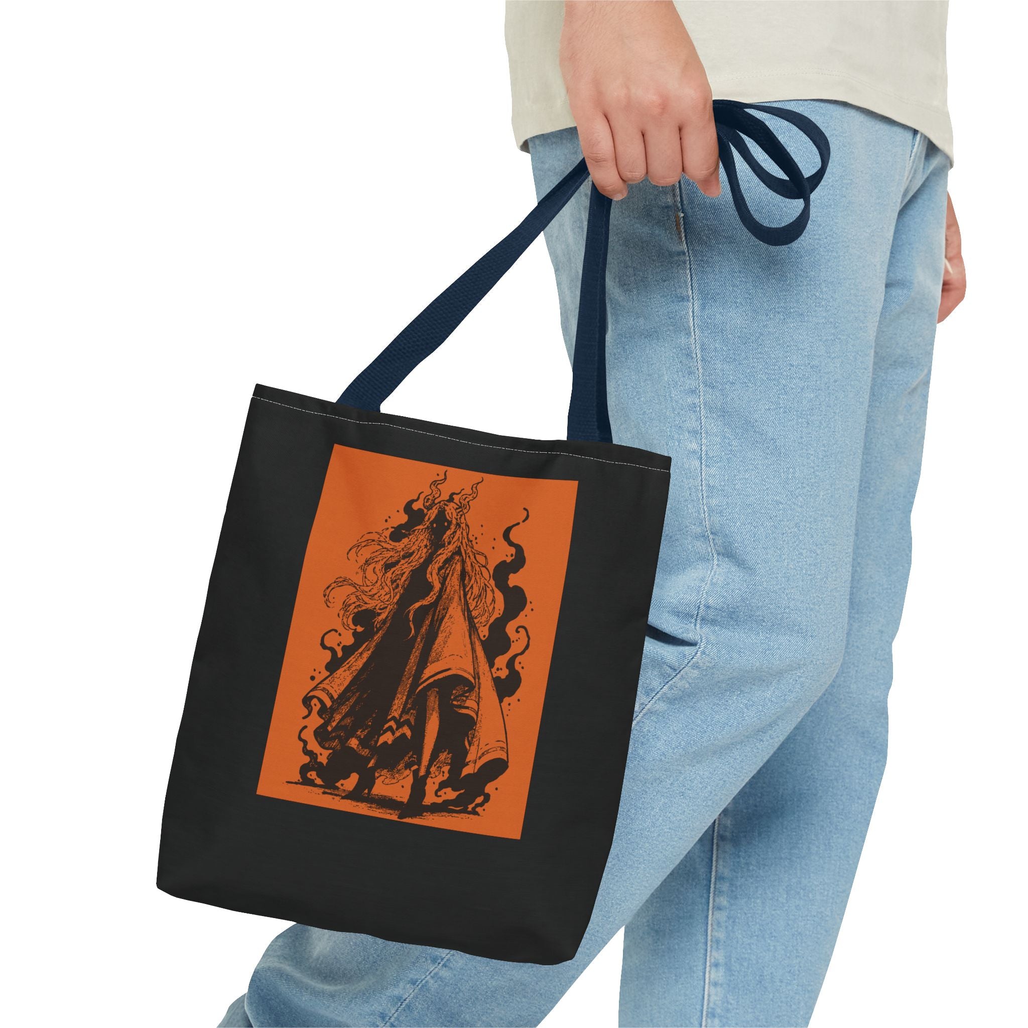 16" x 16 in Beige-handle tote bag featuring The Void black-and-orange surreal angel artwork by Anna Aguiar.