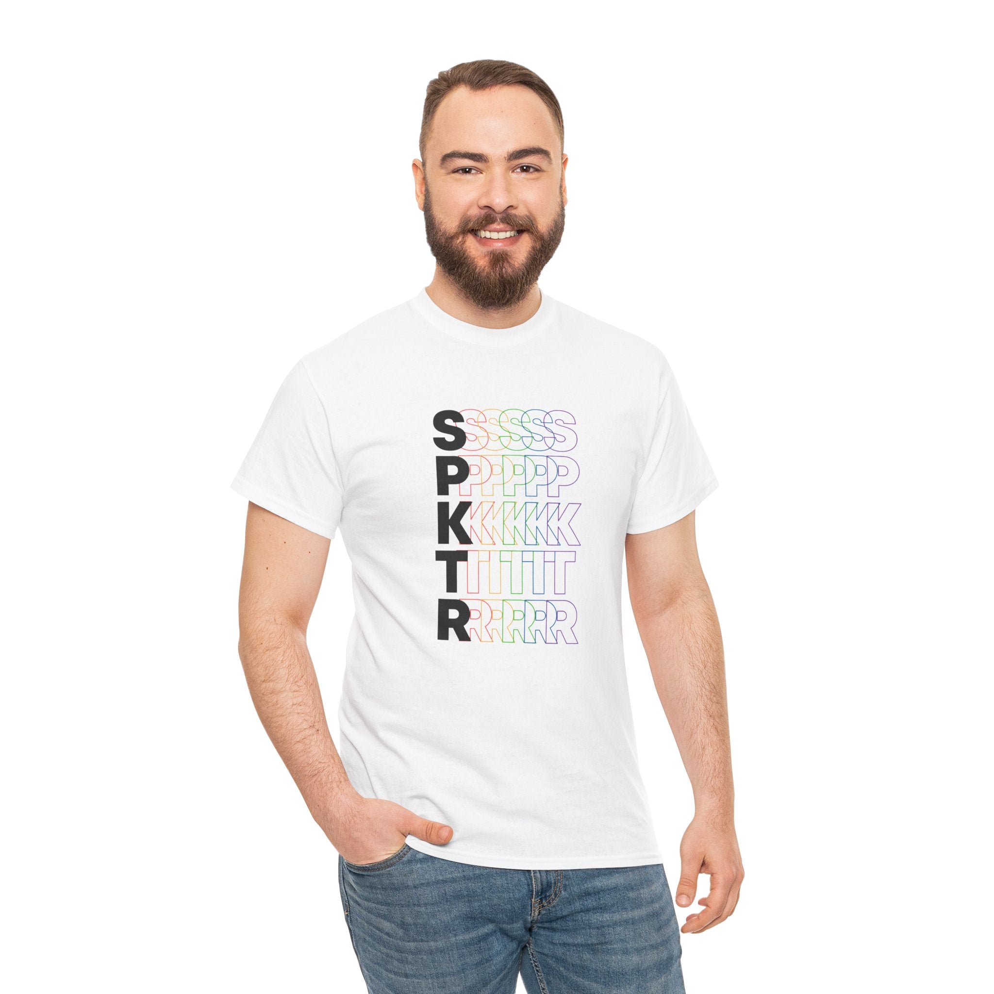 Garnet T-shirt featuring the SPKTR Pride rainbow design celebrating neurodiversity and LGBTQIA+ pride.