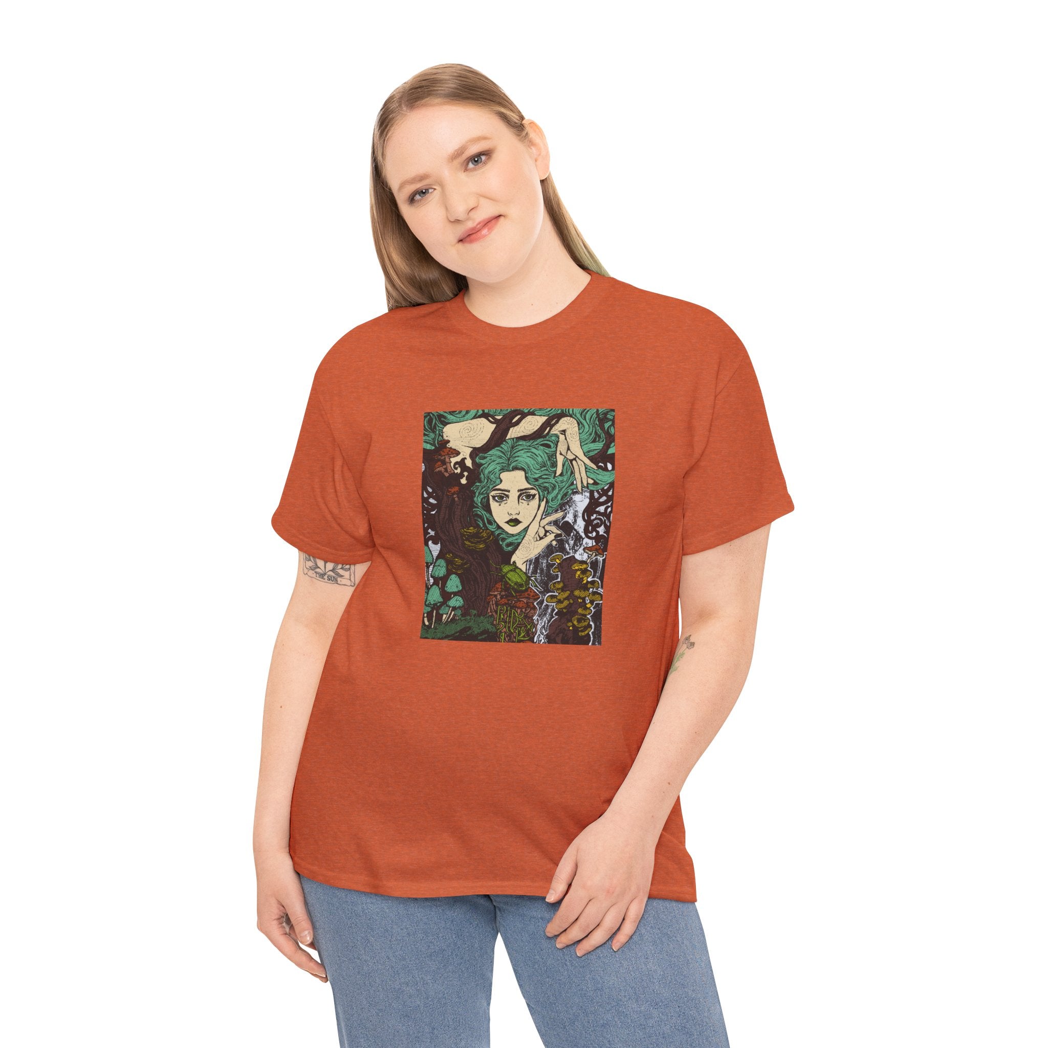 Black T-shirt featuring Aquela que Germina na Morte dark-fantasy woman and woodland artwork by Anna Aguiar.