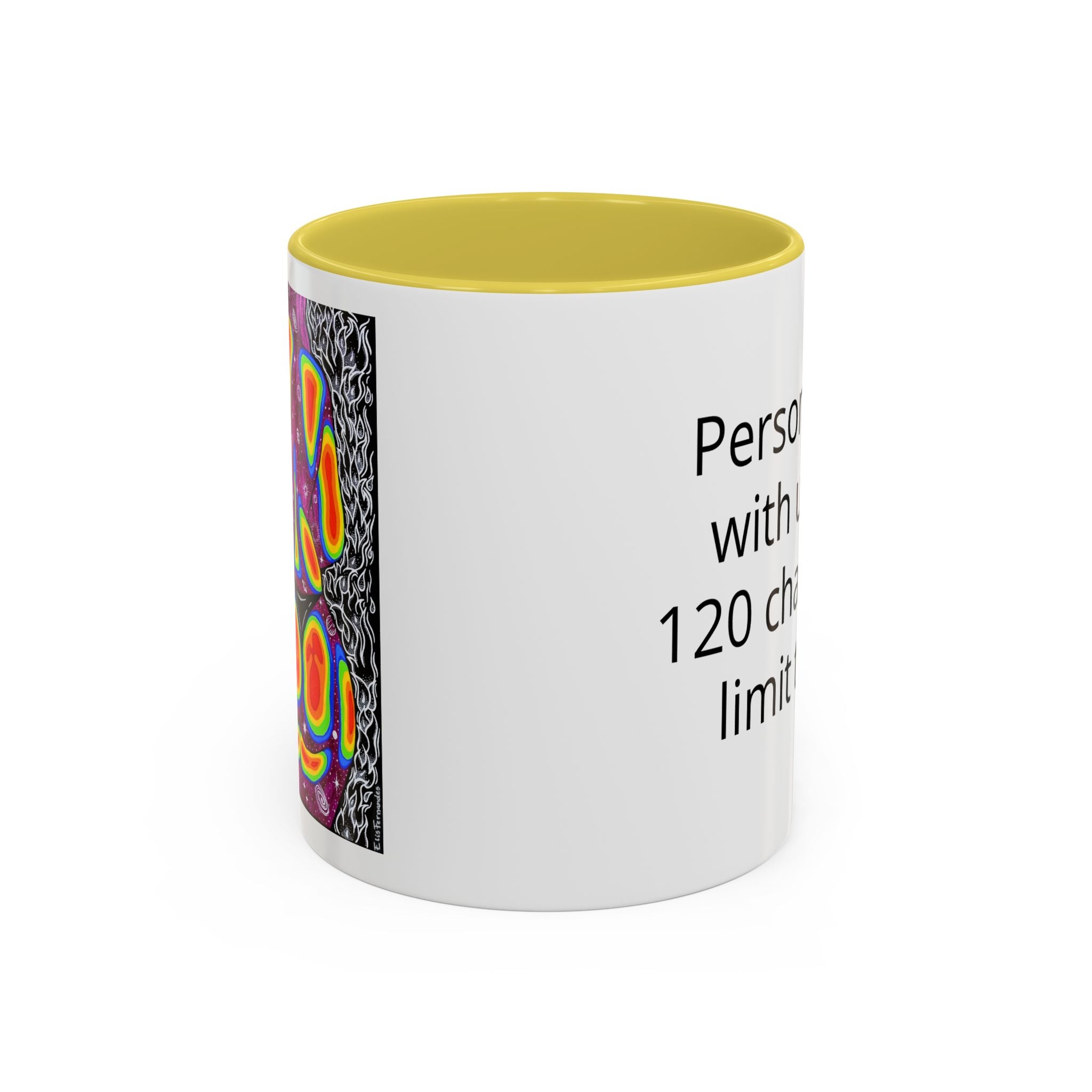15 oz Black-accent personalized accent coffee mug featuring Mulher, Um Universo cosmic portrait artwork by Elis Fernandes.