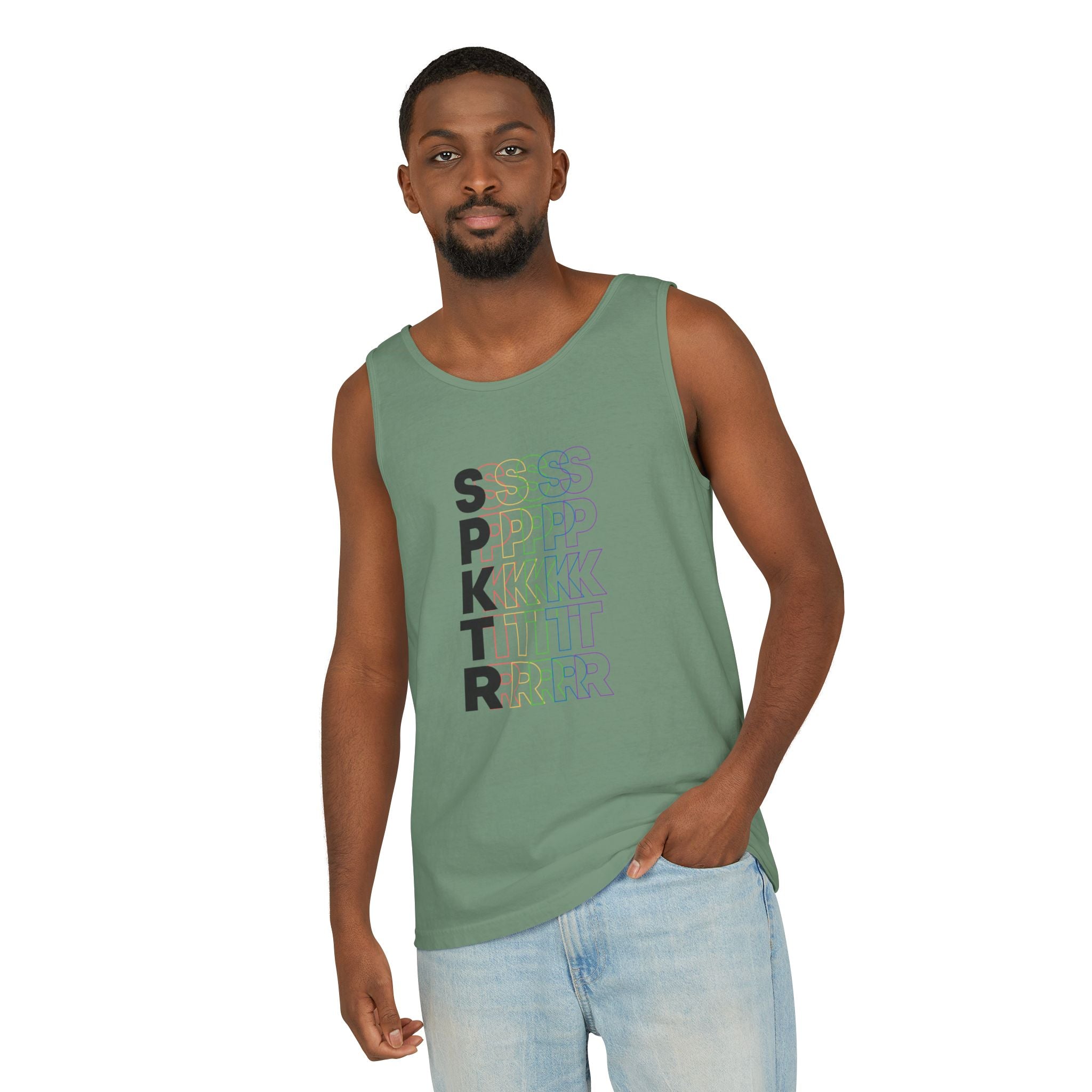 Island Reef graphic tank top featuring the SPKTR Pride rainbow design celebrating neurodiversity and LGBTQIA+ pride.