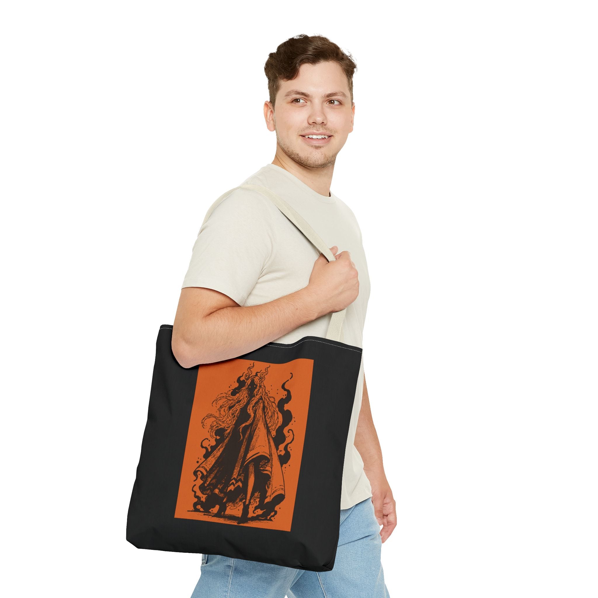 16" x 16 in White-handle tote bag featuring The Void black-and-orange surreal angel artwork by Anna Aguiar.