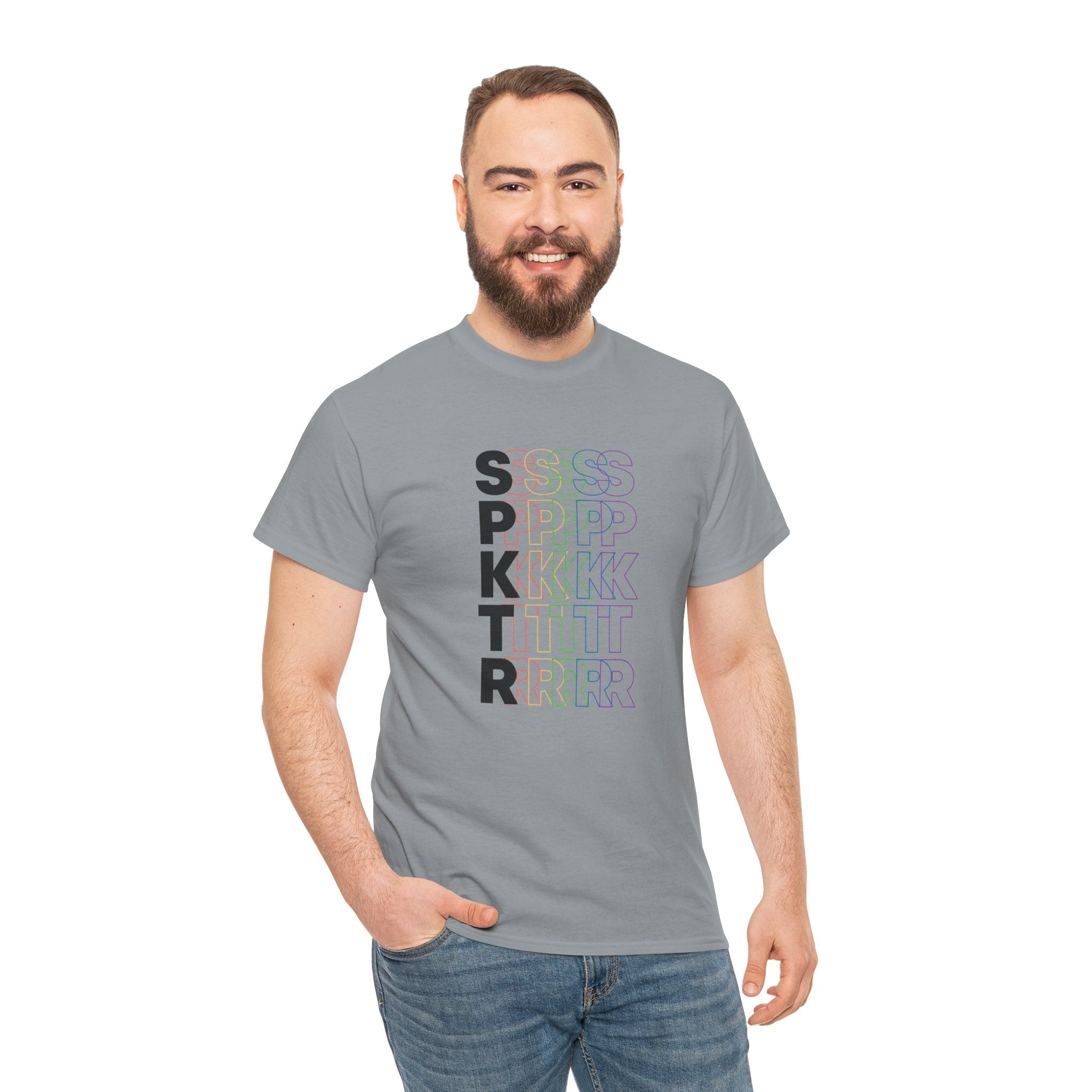 White T-shirt featuring the SPKTR Pride rainbow design celebrating neurodiversity and LGBTQIA+ pride.