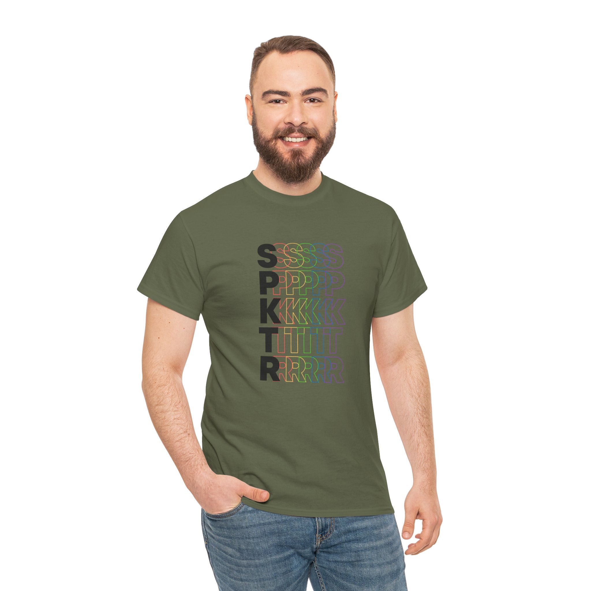 Dark Heather T-shirt featuring the SPKTR Pride rainbow design celebrating neurodiversity and LGBTQIA+ pride.