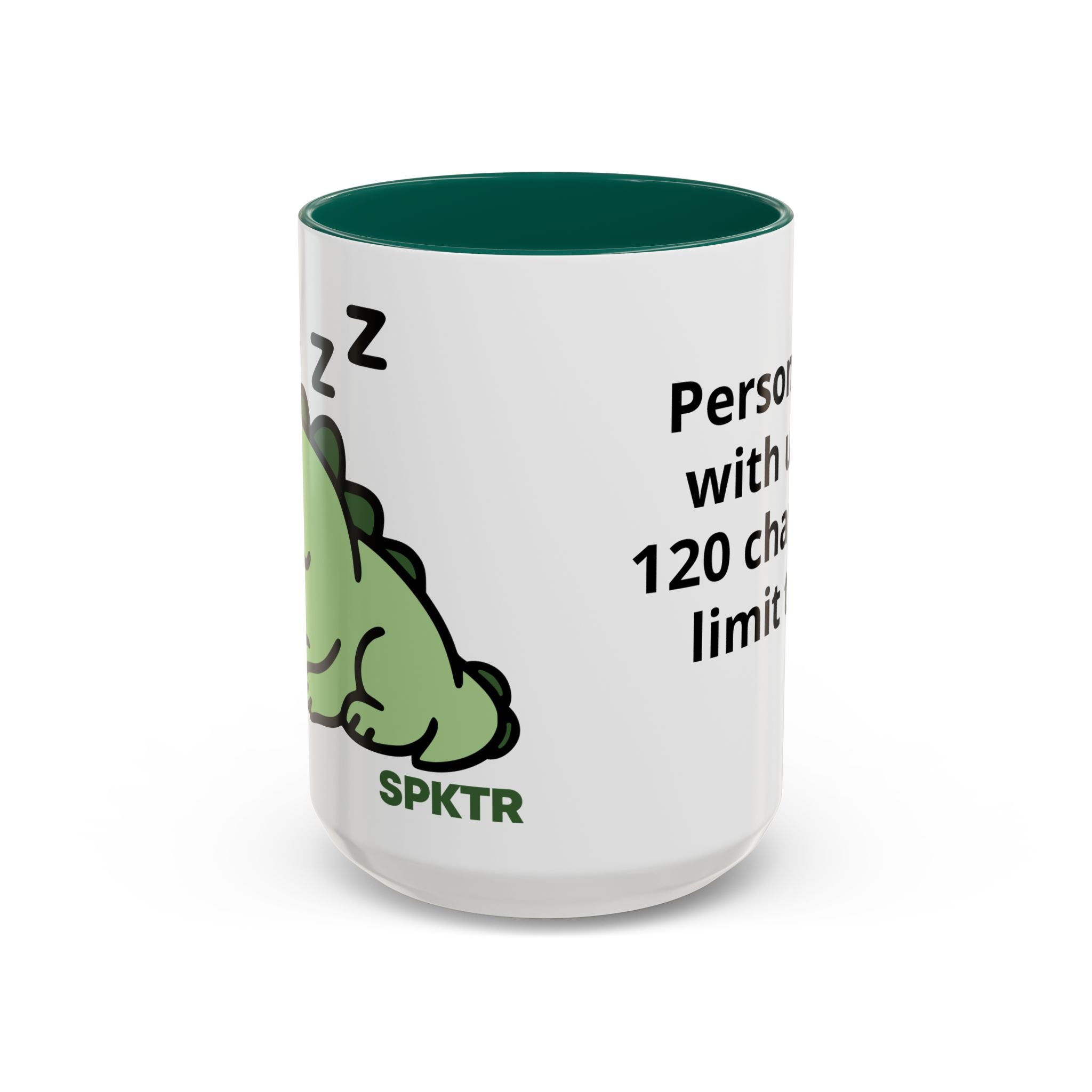 15 oz Green-accent personalized accent coffee mug featuring Sleepy Teeny-Rex cute sleeping dinosaur illustration.