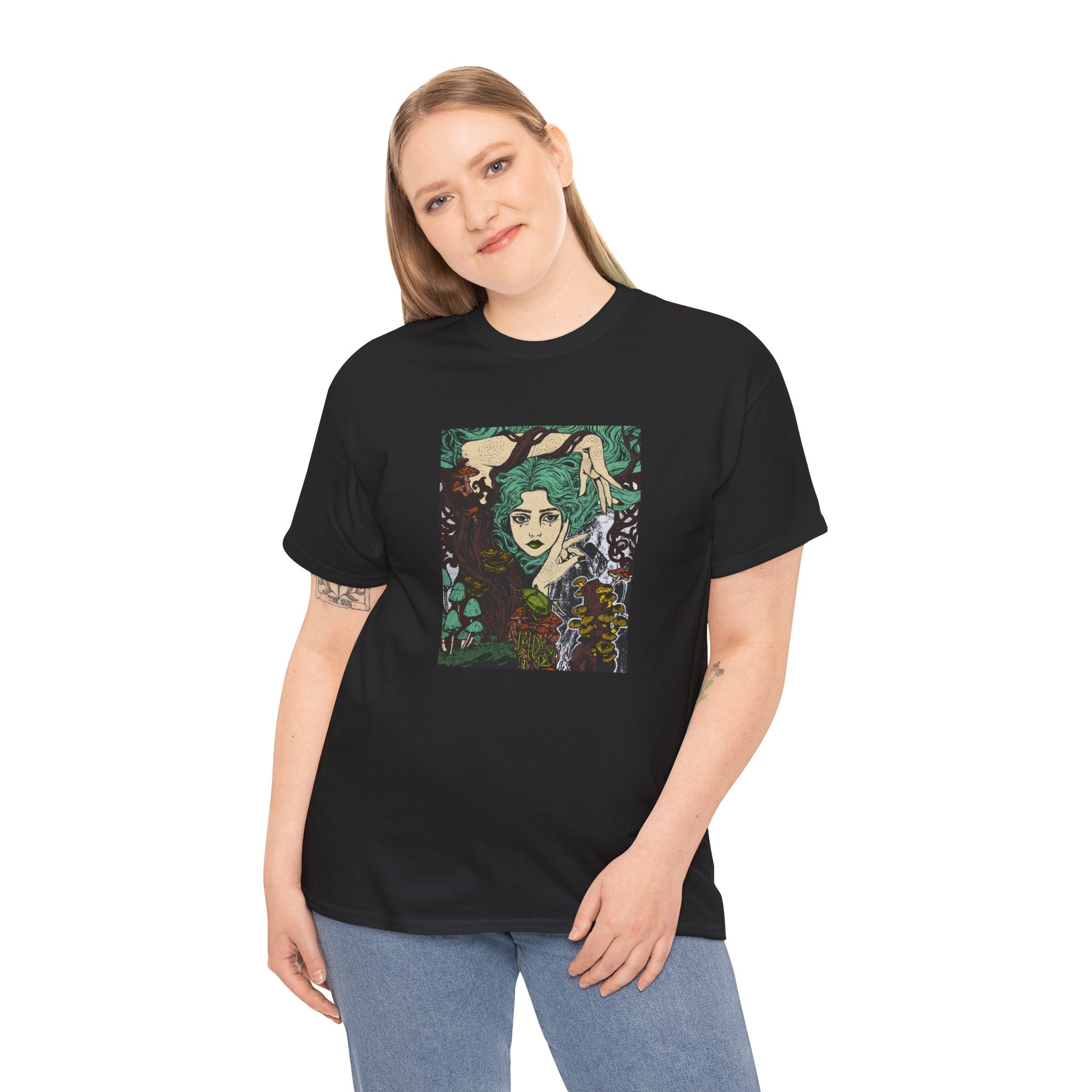 Heather Military Green T-shirt featuring Aquela que Germina na Morte dark-fantasy woman and woodland artwork by Anna Aguiar.