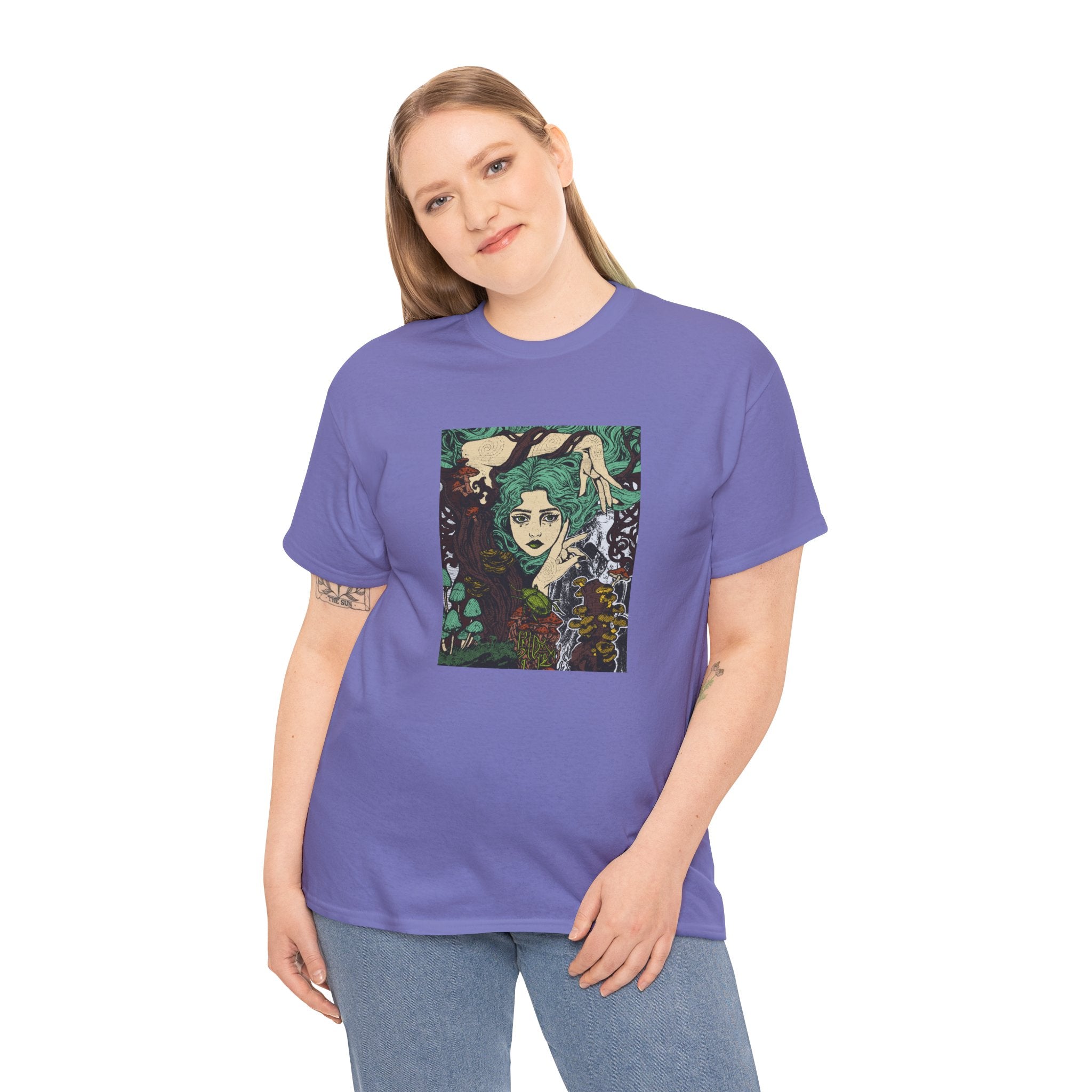 White T-shirt featuring Aquela que Germina na Morte dark-fantasy woman and woodland artwork by Anna Aguiar.