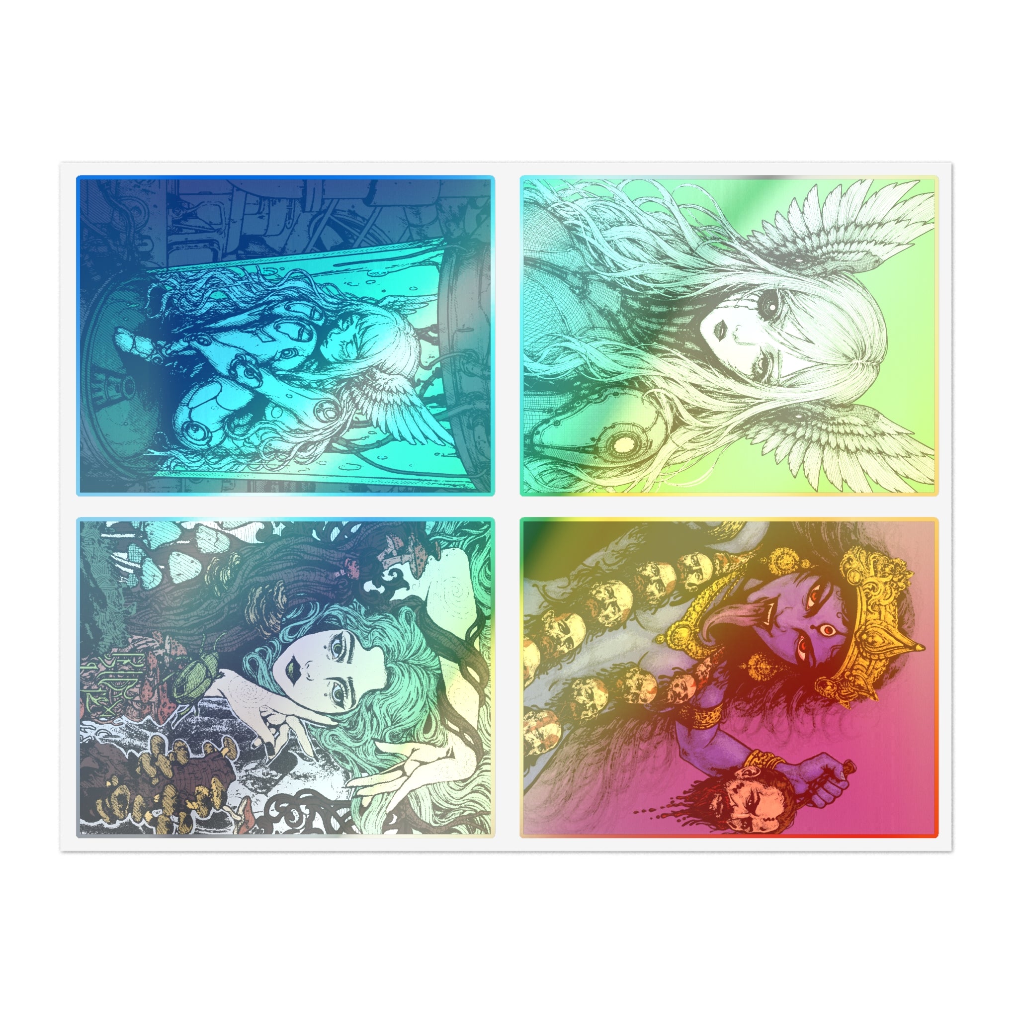 11" × 8.5" premium vinyl sticker sheet featuring Anna Aguiar dark-fantasy and cybernetic angel sticker collection.