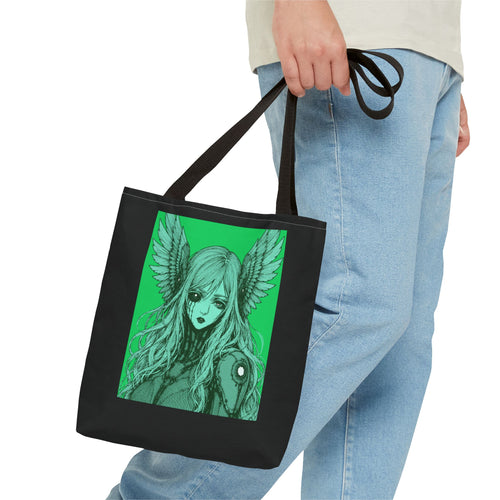 13" x 13 in Red-handle tote bag featuring Angel Cyborg I green cybernetic angel artwork by Anna Aguiar.