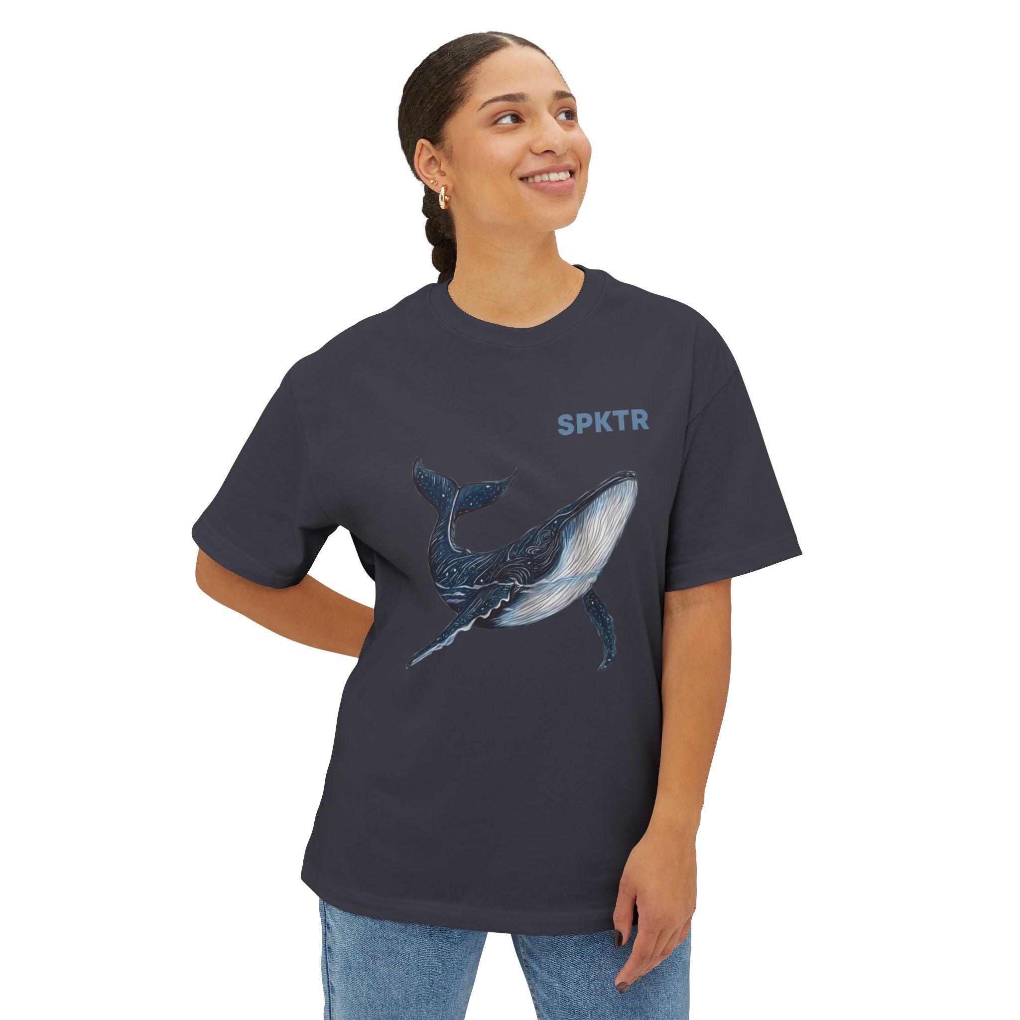 Forest oversized T-shirt featuring Leo the Blue Whale hand-drawn ocean illustration by Do Carmo.