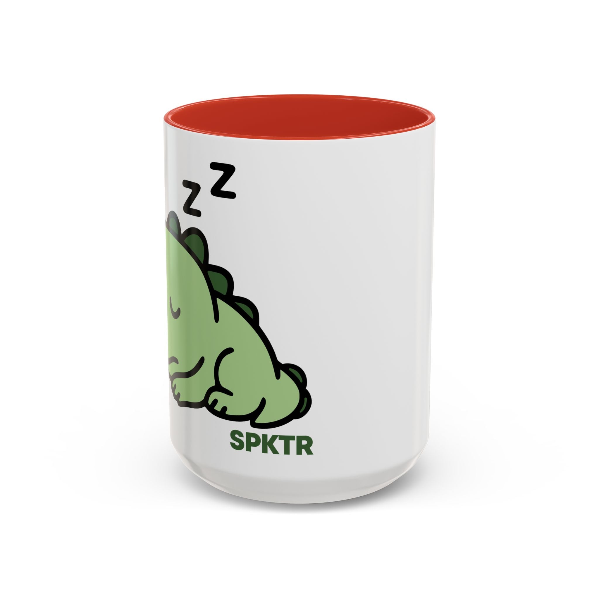 11 oz Yellow-accent accent coffee mug featuring Sleepy Teeny-Rex cute sleeping dinosaur illustration.