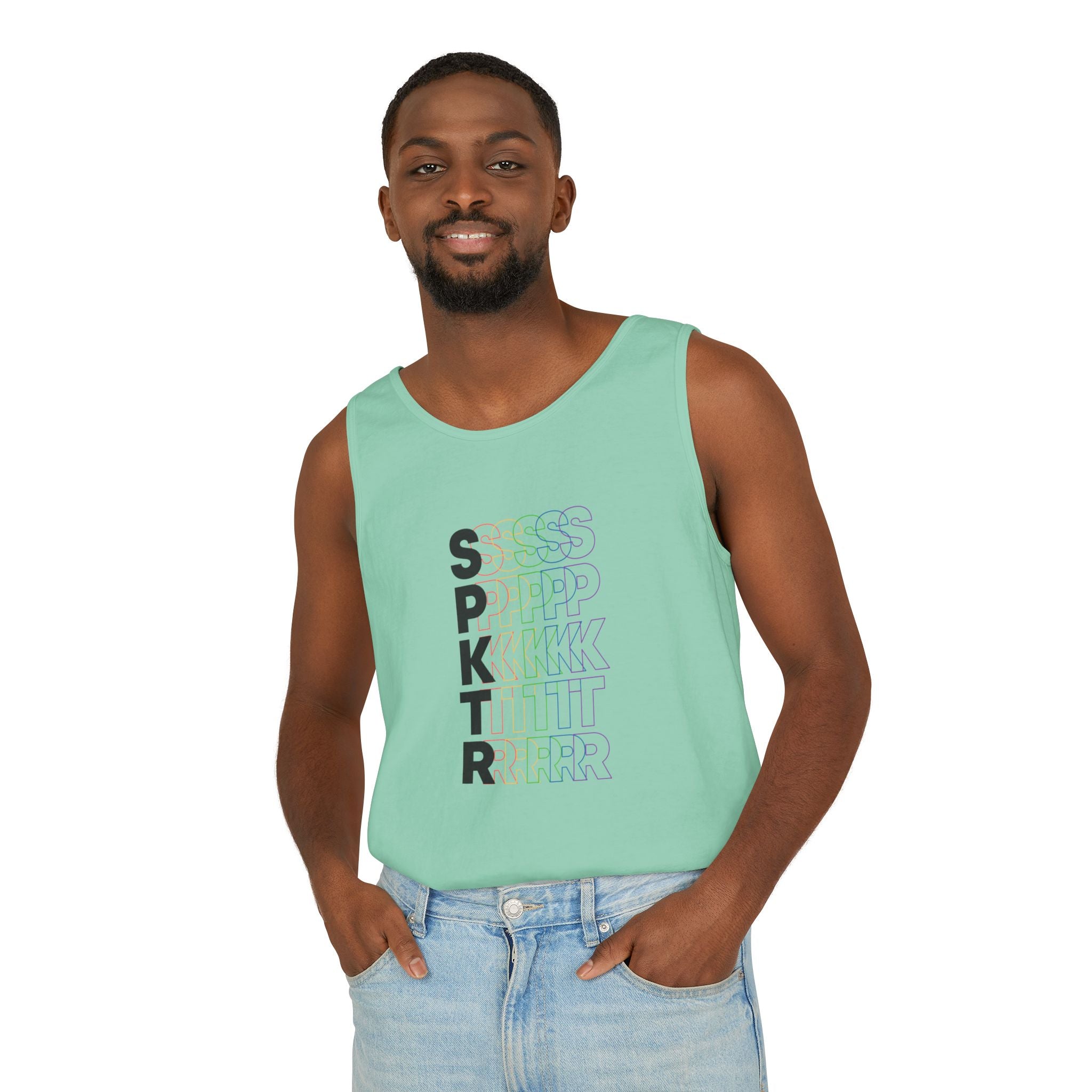 Melon graphic tank top featuring the SPKTR Pride rainbow design celebrating neurodiversity and LGBTQIA+ pride.