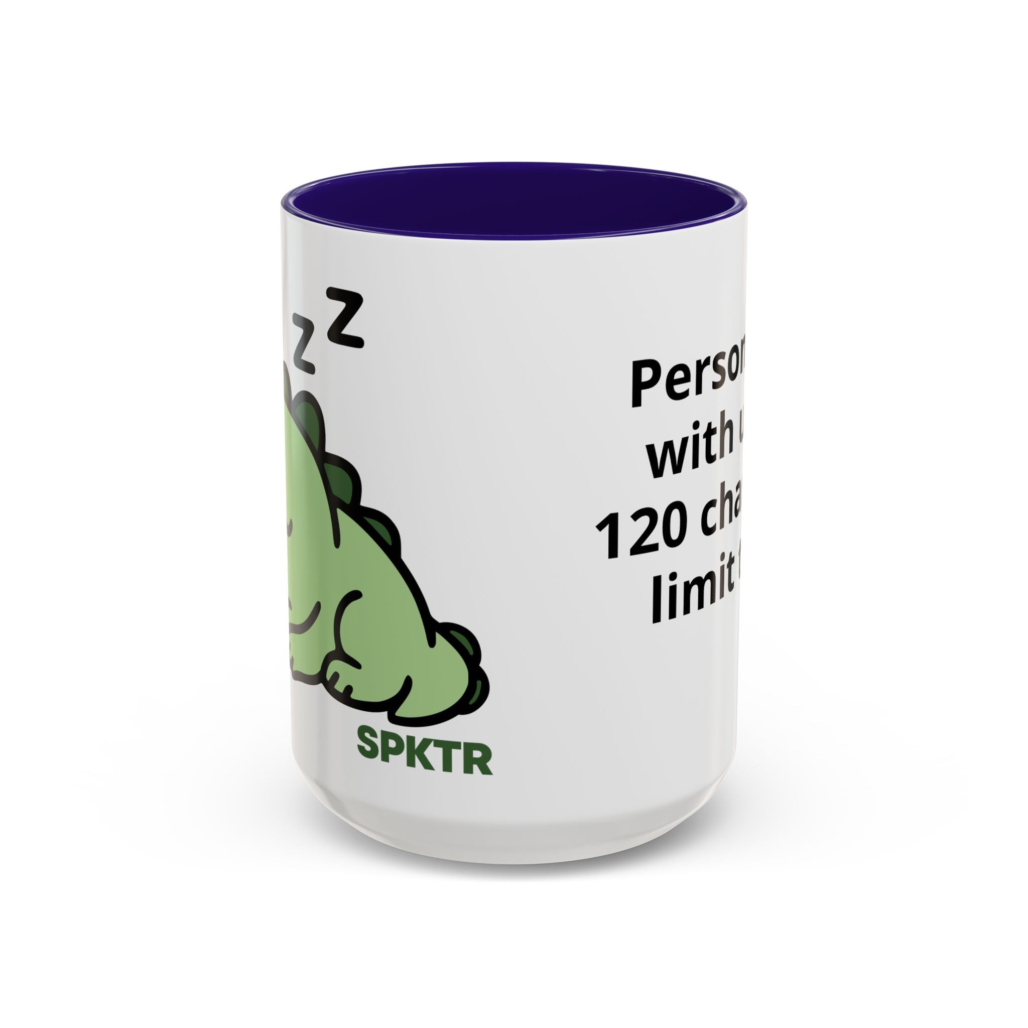 15 oz Blue-accent personalized accent coffee mug featuring Sleepy Teeny-Rex cute sleeping dinosaur illustration.