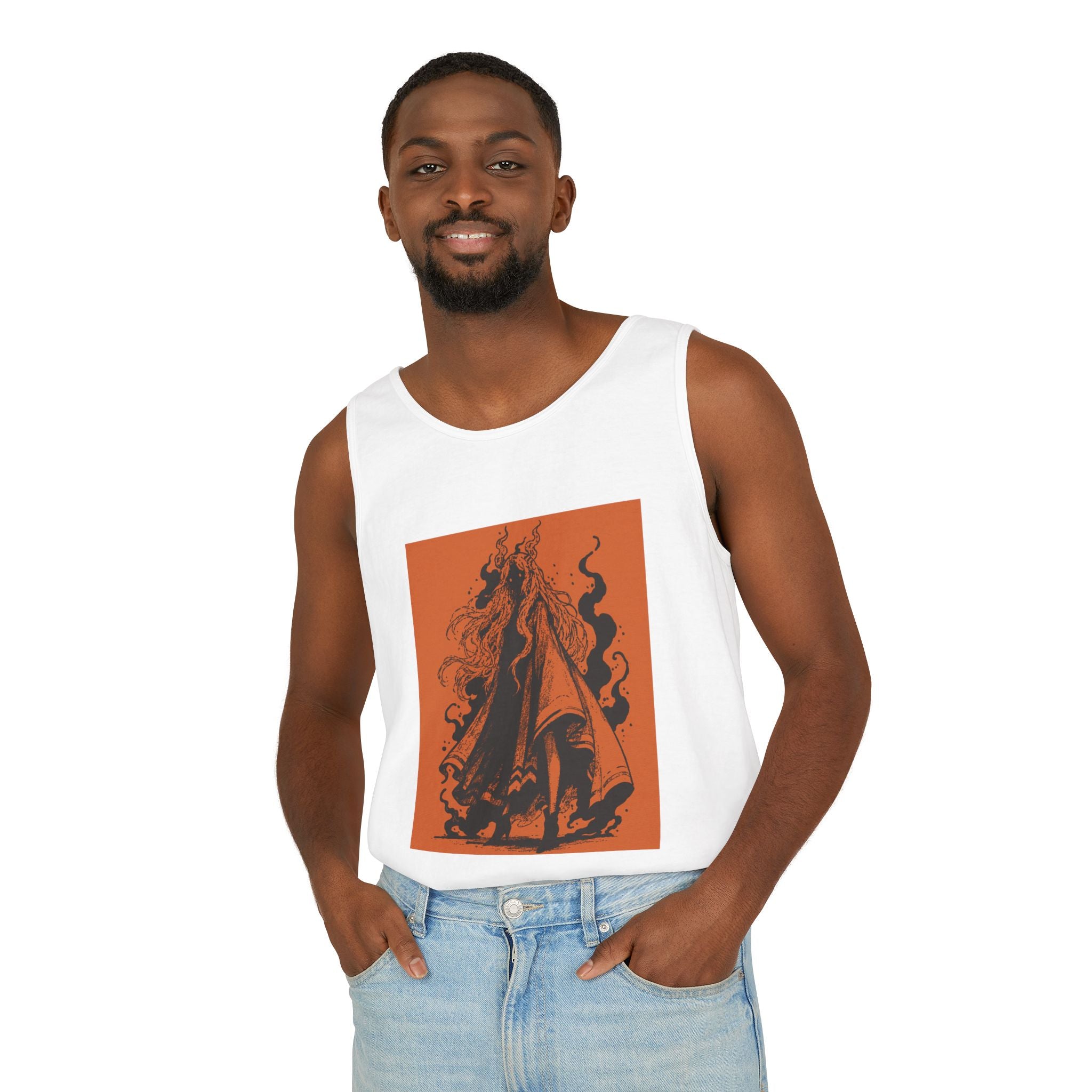 Seafoam graphic tank top featuring The Void black-and-orange surreal angel artwork by Anna Aguiar.