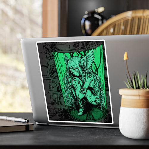 Premium vinyl sticker featuring Angel Cyborg I green cybernetic angel artwork by Anna Aguiar.