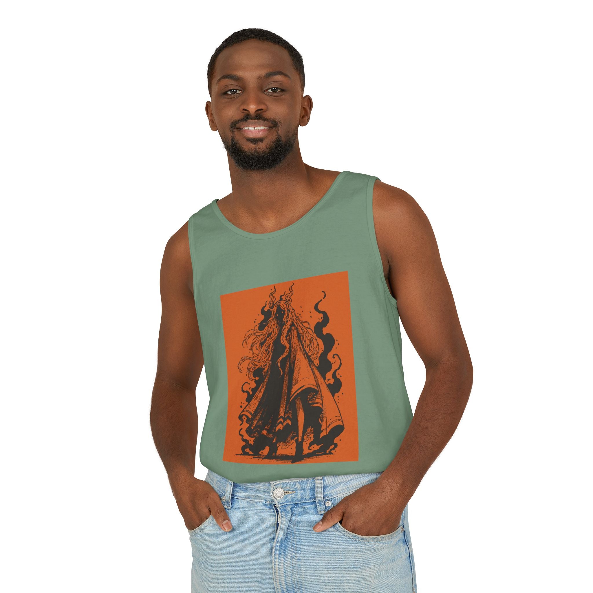 Island Reef graphic tank top featuring The Void black-and-orange surreal angel artwork by Anna Aguiar.