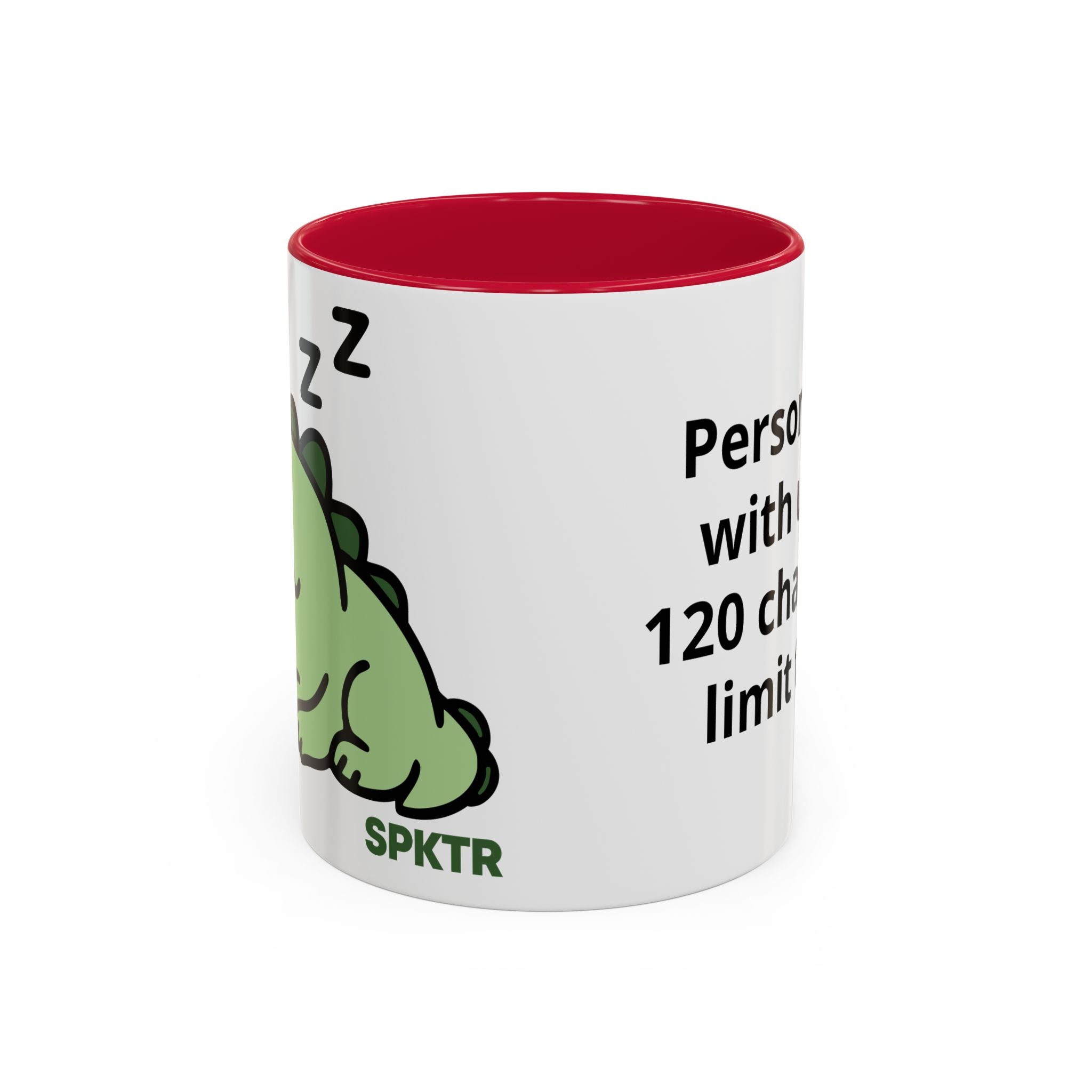 11 oz Red-accent personalized accent coffee mug featuring Sleepy Teeny-Rex cute sleeping dinosaur illustration.