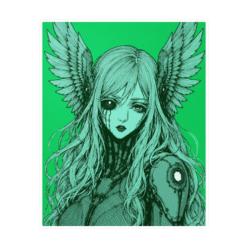 Premium vinyl sticker featuring Angel Cyborg I green cybernetic angel artwork by Anna Aguiar.
