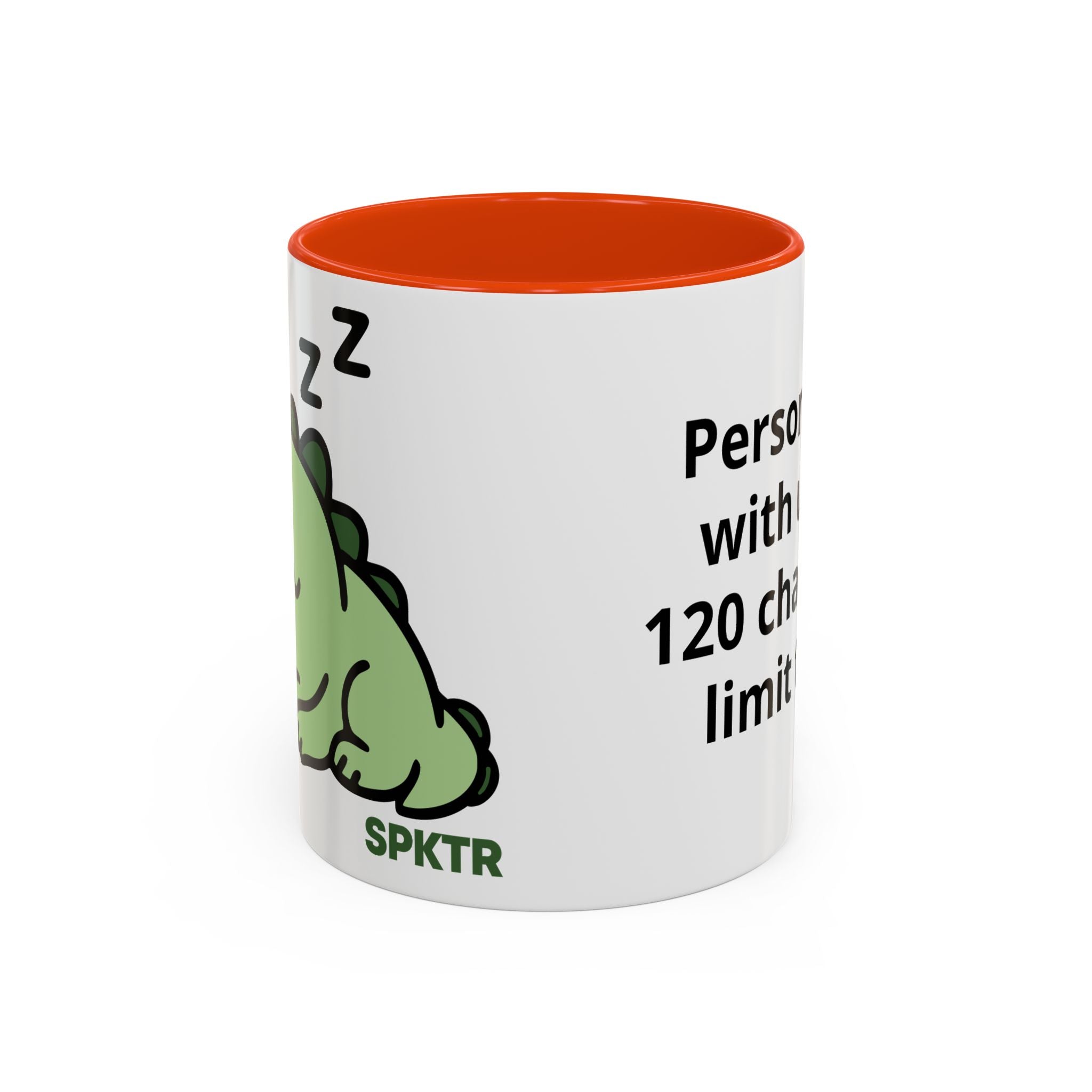 11 oz Orange-accent personalized accent coffee mug featuring Sleepy Teeny-Rex cute sleeping dinosaur illustration.