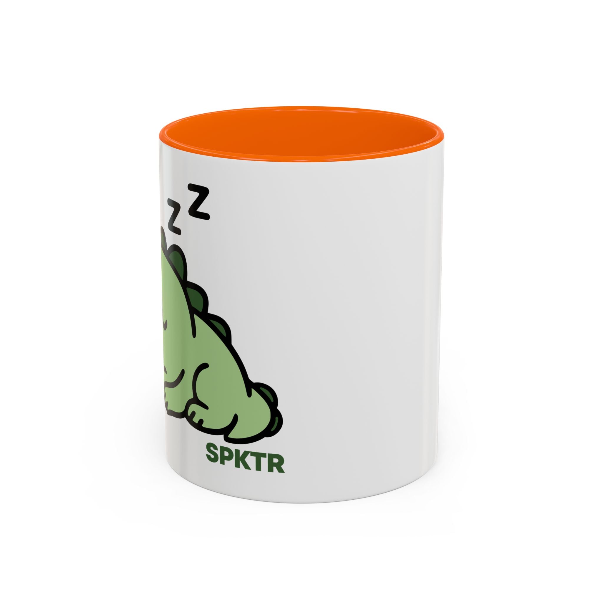 15 oz Navy-accent accent coffee mug featuring Sleepy Teeny-Rex cute sleeping dinosaur illustration.