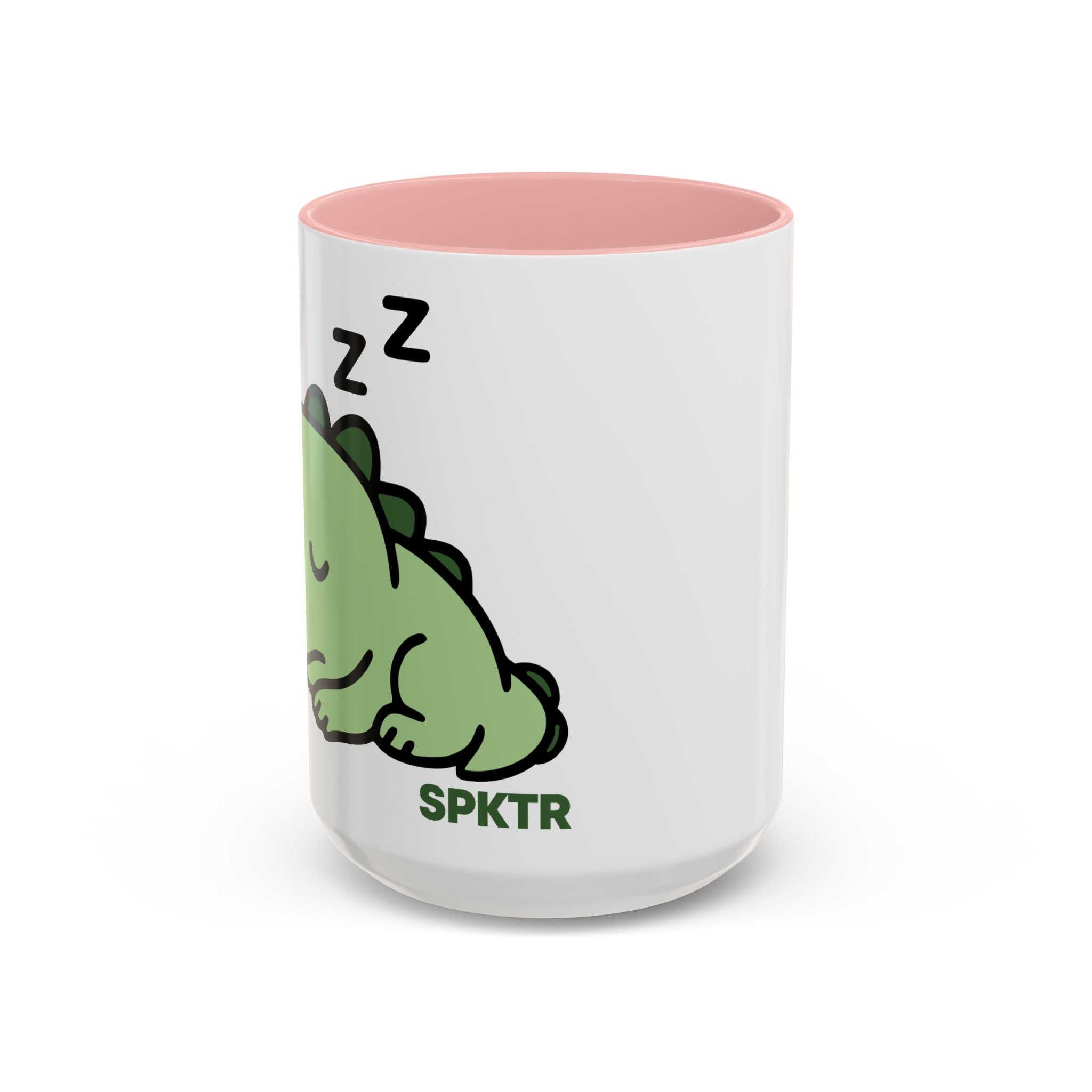 11 oz Purple-accent accent coffee mug featuring Sleepy Teeny-Rex cute sleeping dinosaur illustration.