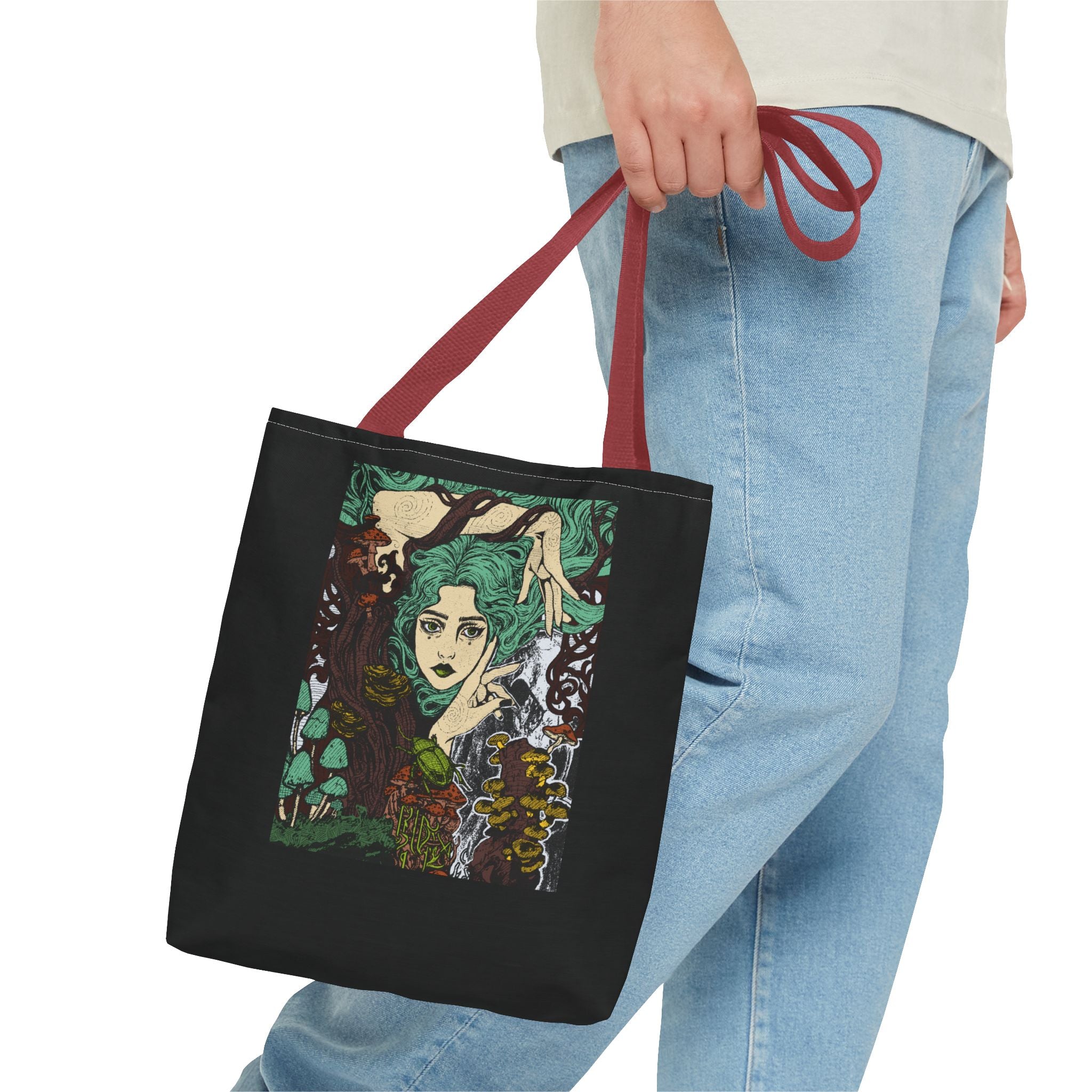 13" x 13 in White-handle tote bag featuring Aquela que Germina na Morte dark-fantasy woman and woodland artwork by Anna Aguiar.