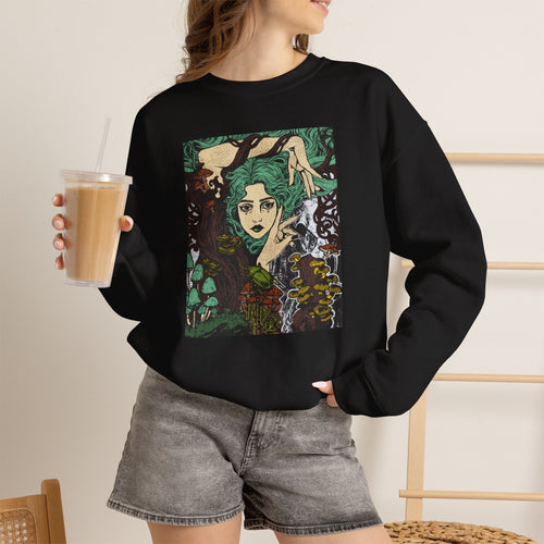 Antique Cherry Red crewneck sweatshirt featuring Aquela que Germina na Morte dark-fantasy woman and woodland artwork by Anna Aguiar.