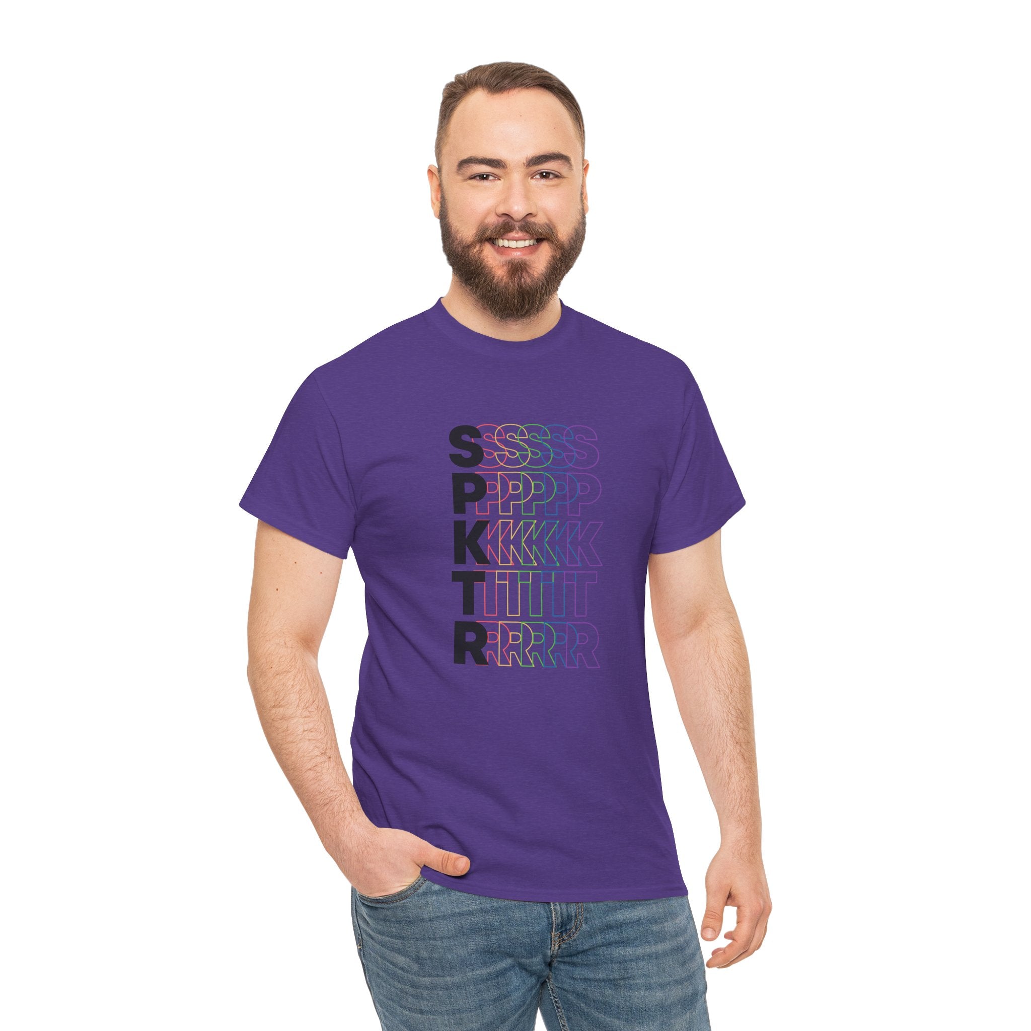 Military Green T-shirt featuring the SPKTR Pride rainbow design celebrating neurodiversity and LGBTQIA+ pride.