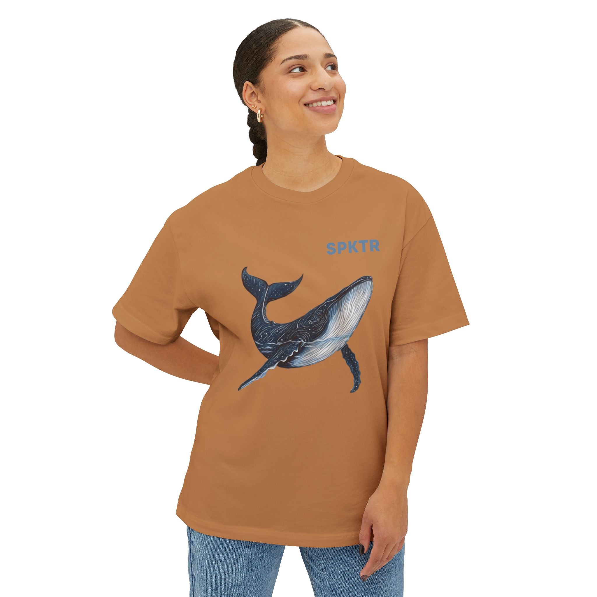 White oversized T-shirt featuring Leo the Blue Whale hand-drawn ocean illustration by Do Carmo.