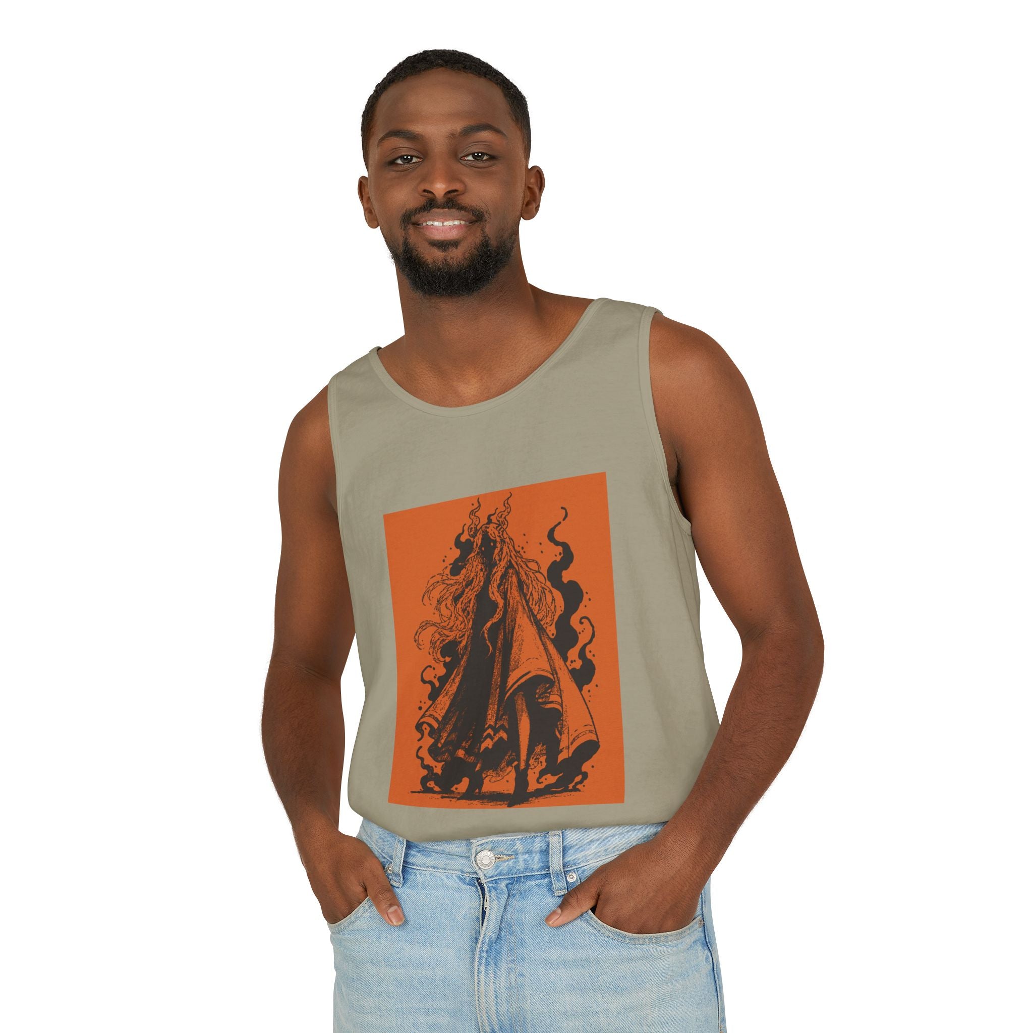Neon Red Orange graphic tank top featuring The Void black-and-orange surreal angel artwork by Anna Aguiar.