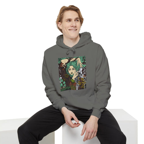 Denim sweatshirt featuring Aquela que Germina na Morte dark-fantasy woman and woodland artwork by Anna Aguiar.