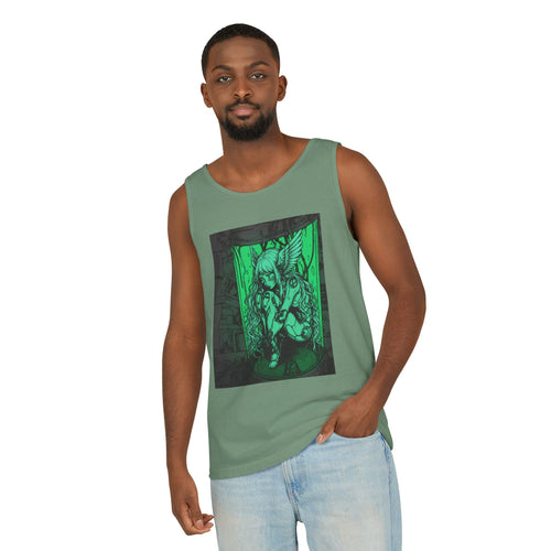 Black graphic tank top featuring Angel Cyborg I green cybernetic angel artwork by Anna Aguiar.