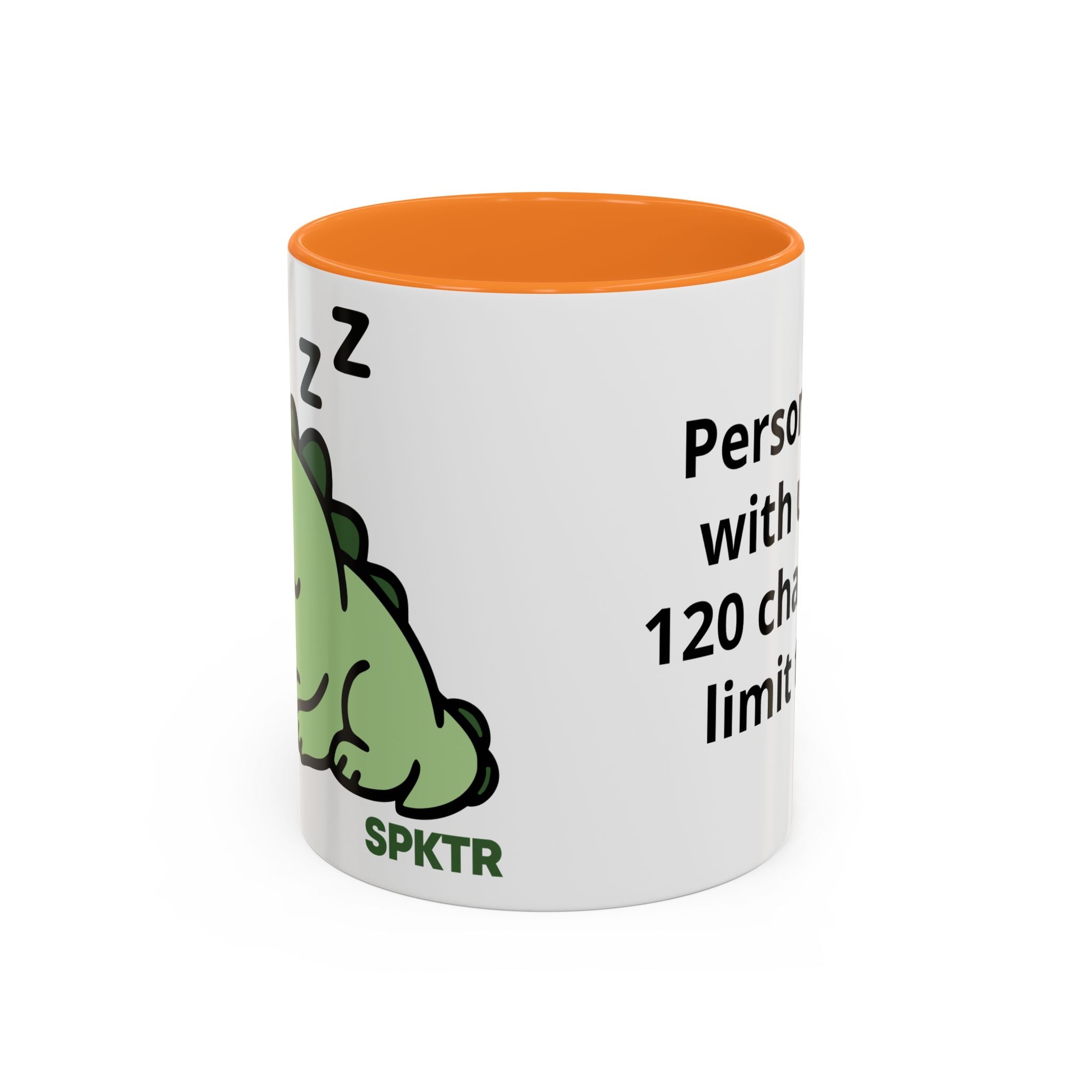 11 oz Green-accent personalized accent coffee mug featuring Sleepy Teeny-Rex cute sleeping dinosaur illustration.