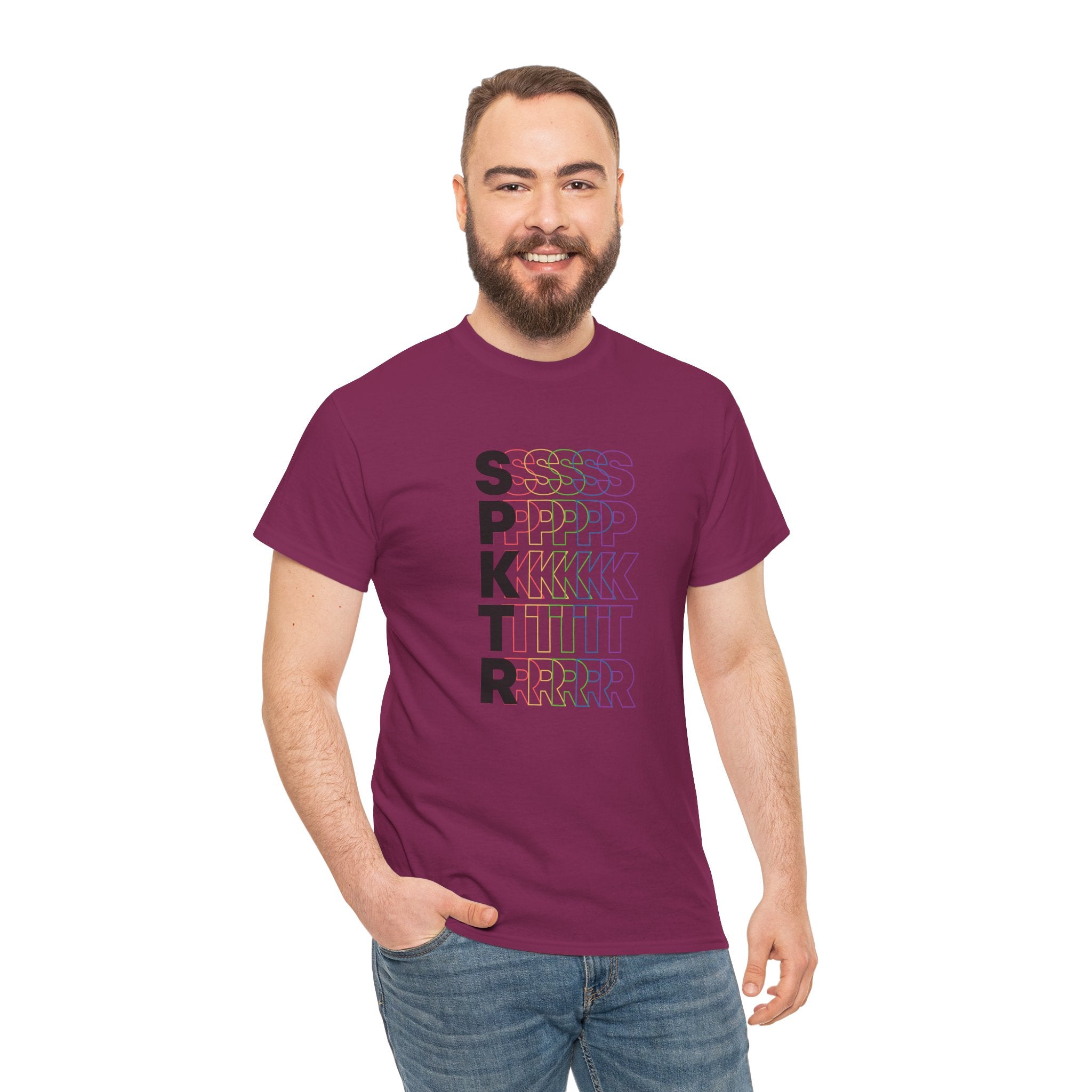 Lilac T-shirt featuring the SPKTR Pride rainbow design celebrating neurodiversity and LGBTQIA+ pride.