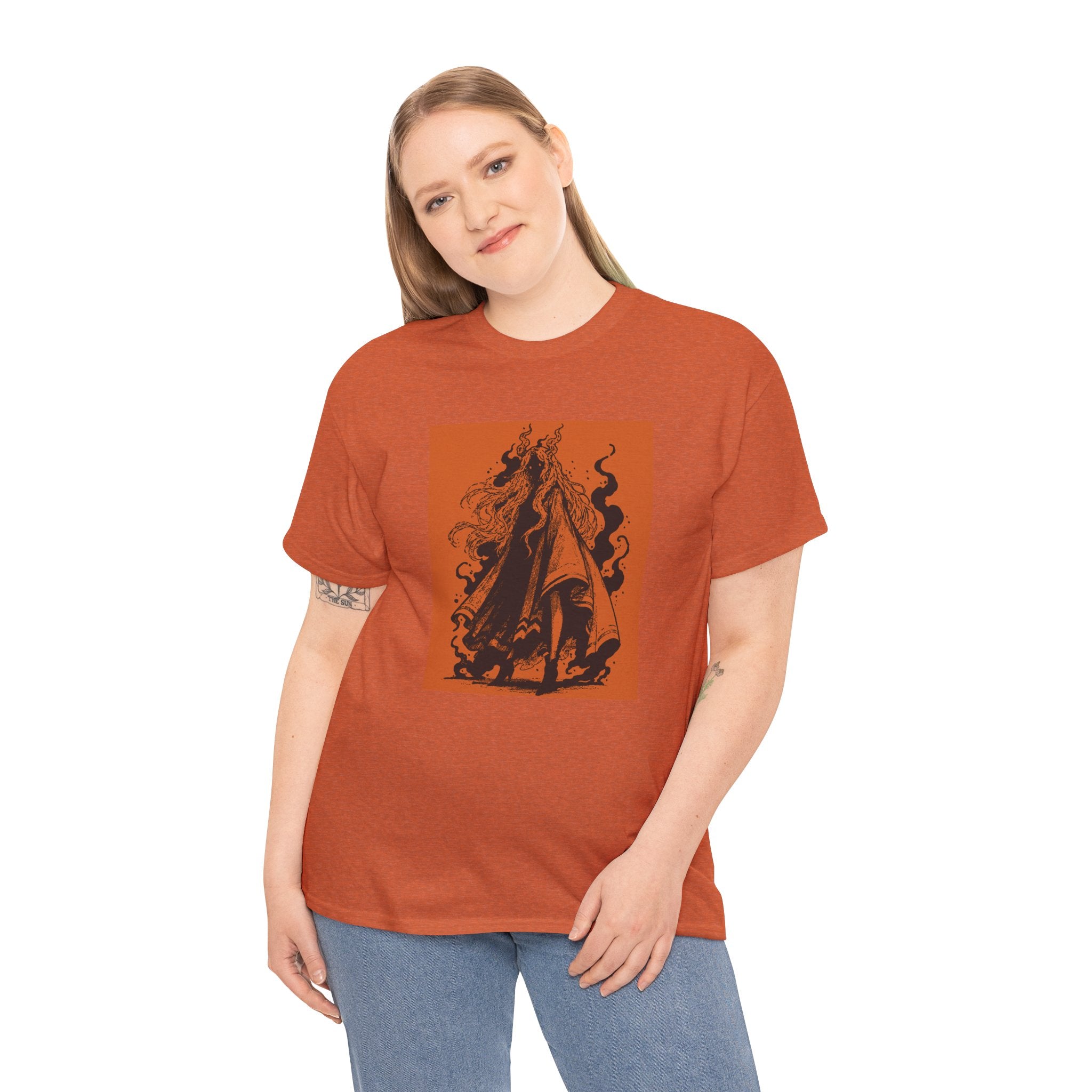 Antique Cherry Red T-shirt featuring The Void black-and-orange surreal angel artwork by Anna Aguiar.