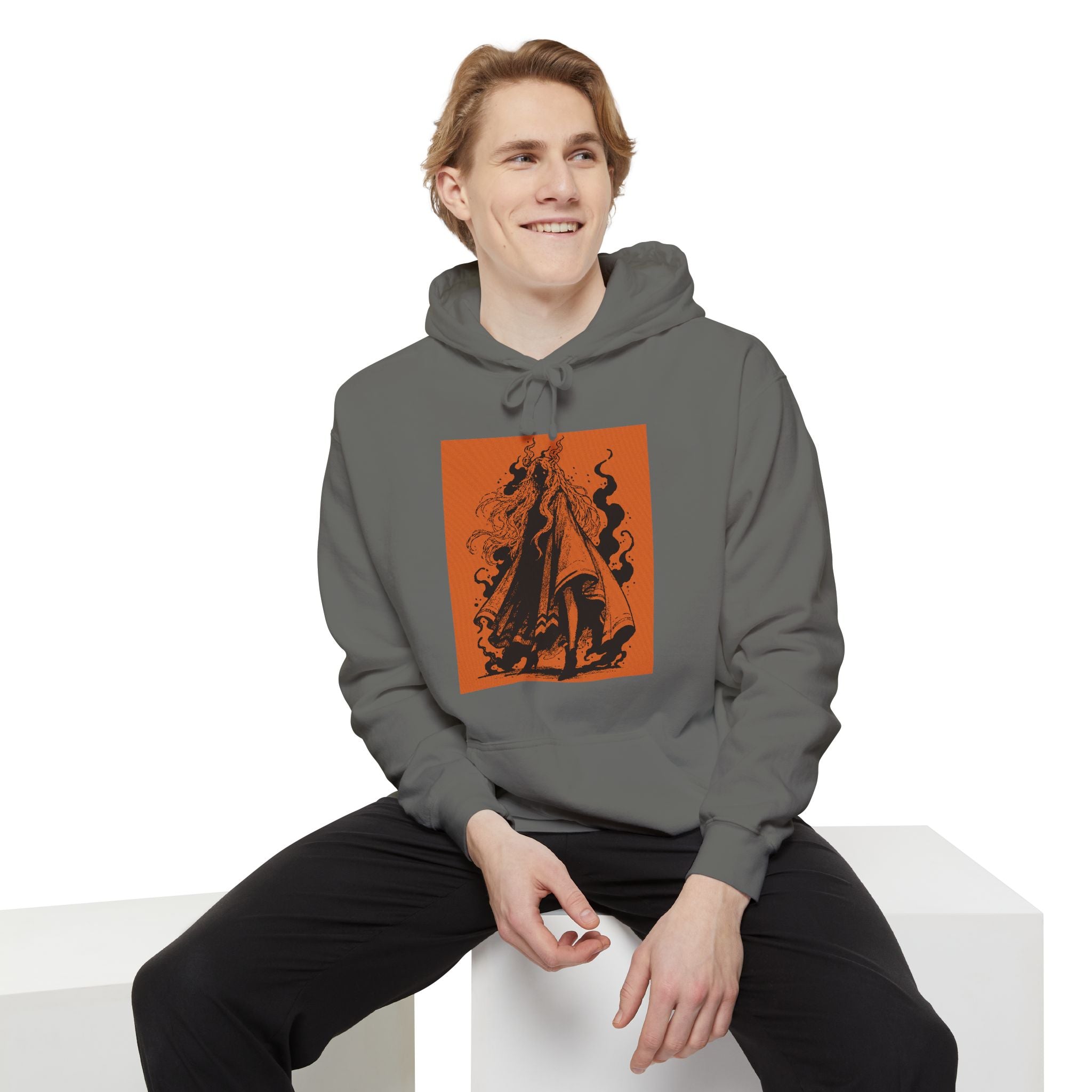 Denim hoodie featuring The Void black-and-orange surreal angel artwork by Anna Aguiar.