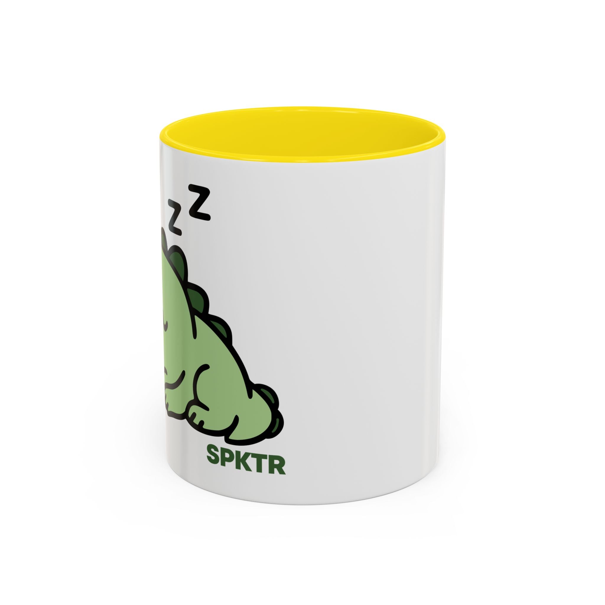 15 oz Pink-accent accent coffee mug featuring Sleepy Teeny-Rex cute sleeping dinosaur illustration.