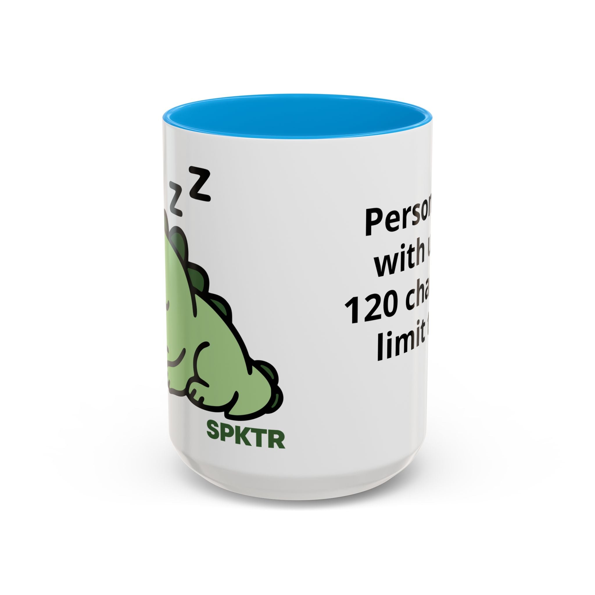 15 oz Light Blue-accent personalized accent coffee mug featuring Sleepy Teeny-Rex cute sleeping dinosaur illustration.