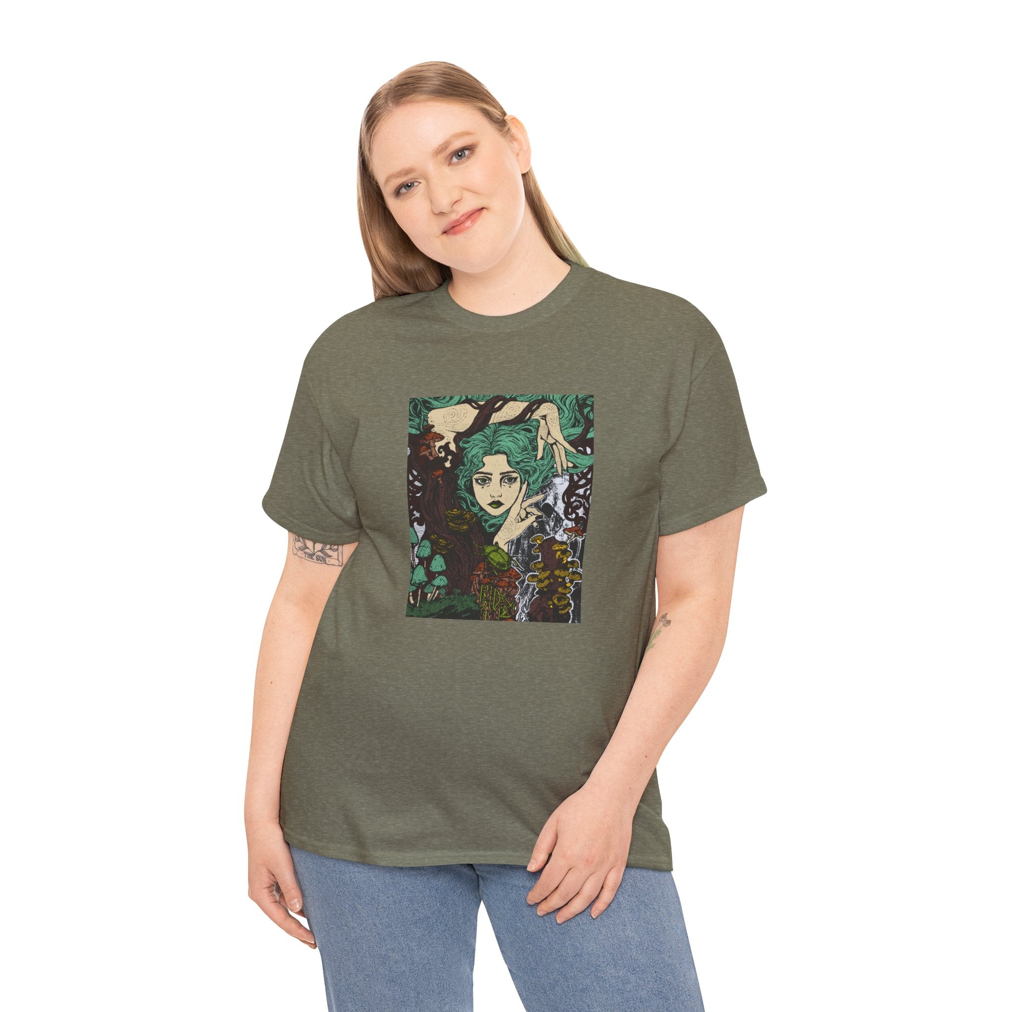 Indigo Blue T-shirt featuring Aquela que Germina na Morte dark-fantasy woman and woodland artwork by Anna Aguiar.