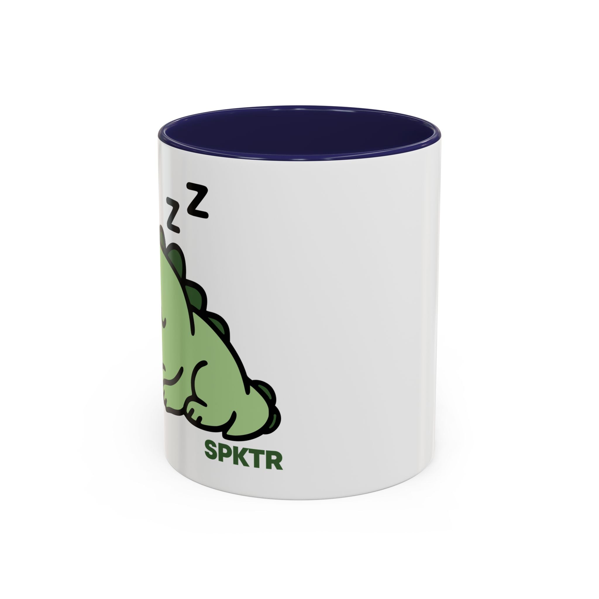 11 oz Navy-accent accent coffee mug featuring Sleepy Teeny-Rex cute sleeping dinosaur illustration.