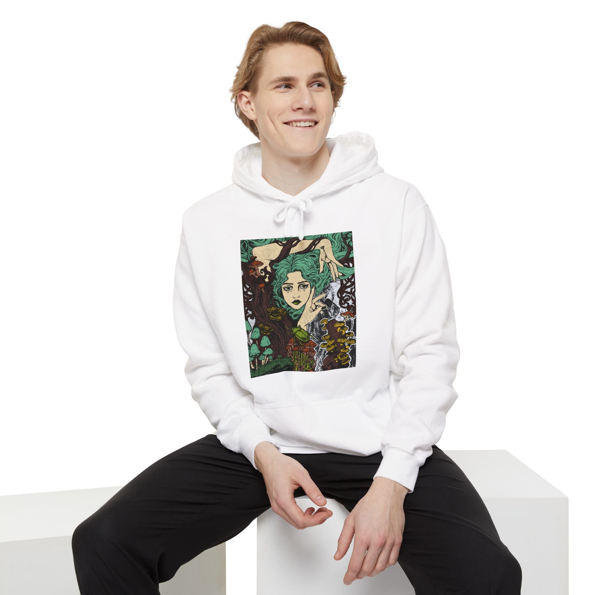 Grey sweatshirt featuring Aquela que Germina na Morte dark-fantasy woman and woodland artwork by Anna Aguiar.