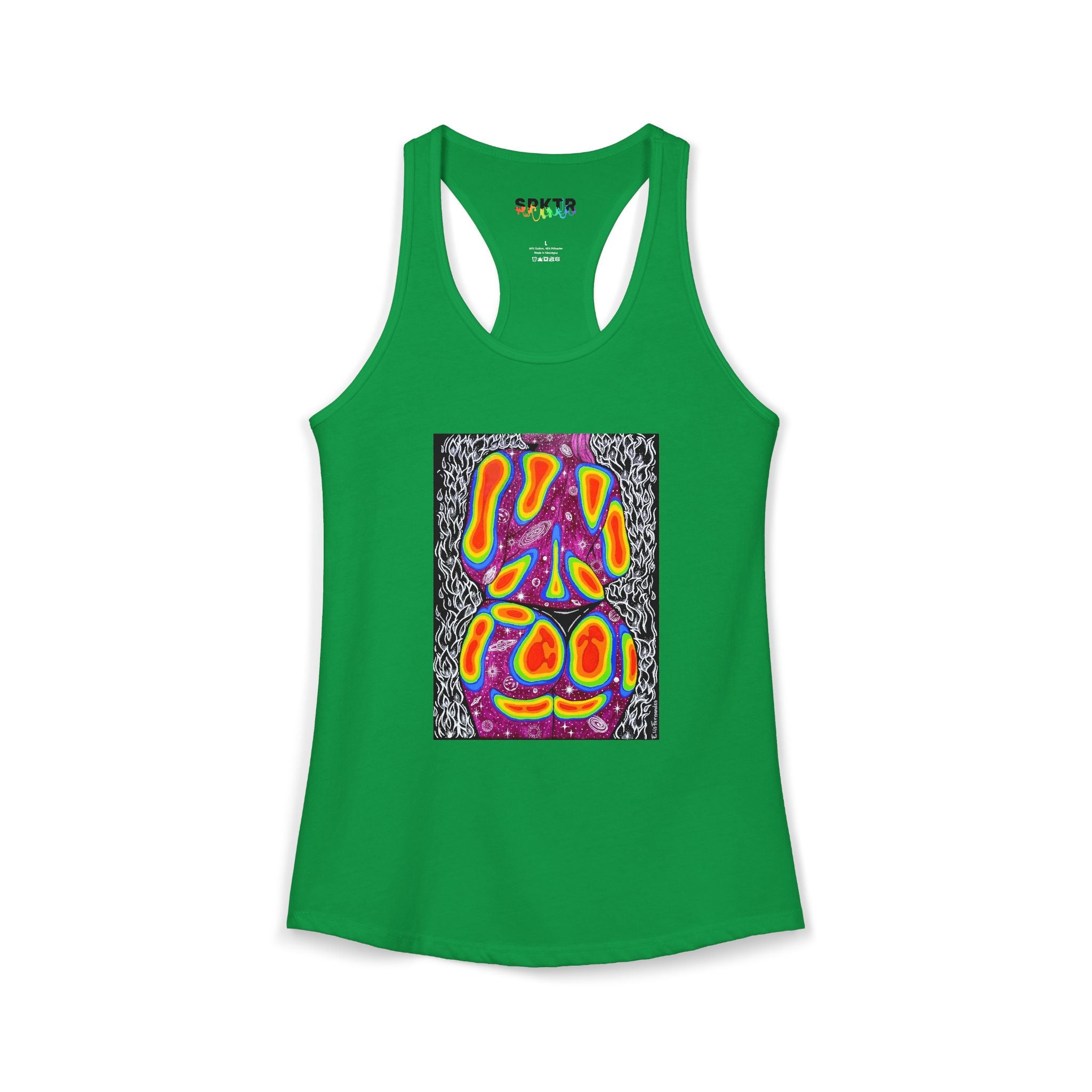 Solid Black women's racerback tank top featuring Mulher, Um Universo cosmic portrait artwork by Elis Fernandes.
